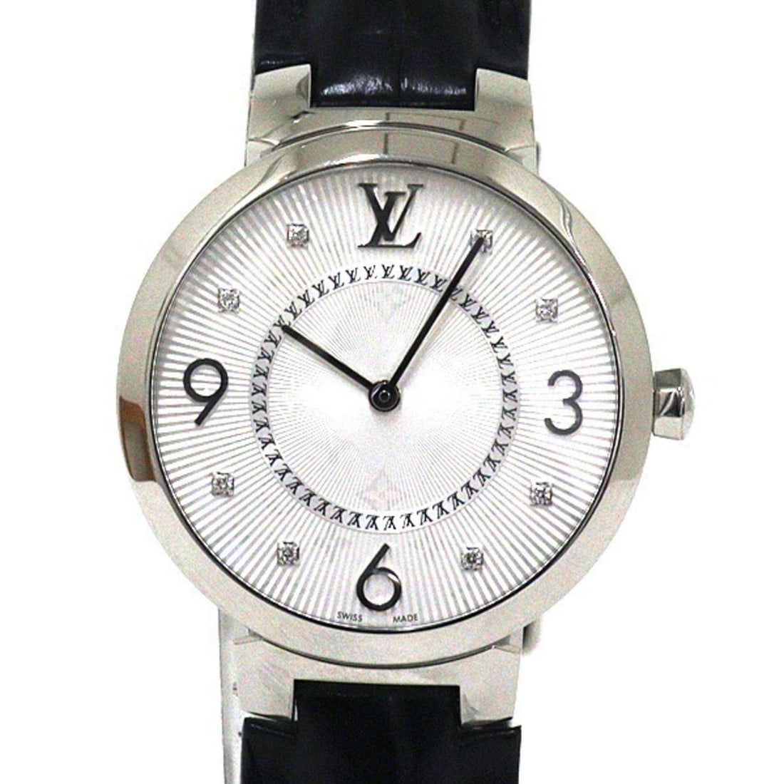 Louis Vuitton Tambour MM Q13MJ Women's Quartz Watch (Refurbished): --- Catalog ---Category: SizeWrist Size: 18.5cm / 7.28''Case Diameter: 33mm / 1.3''Category: DesignType: WristwatchGender: WomenColor (Dial): SilverMaterial (Band): Leather, Stainless steelMaterial (C