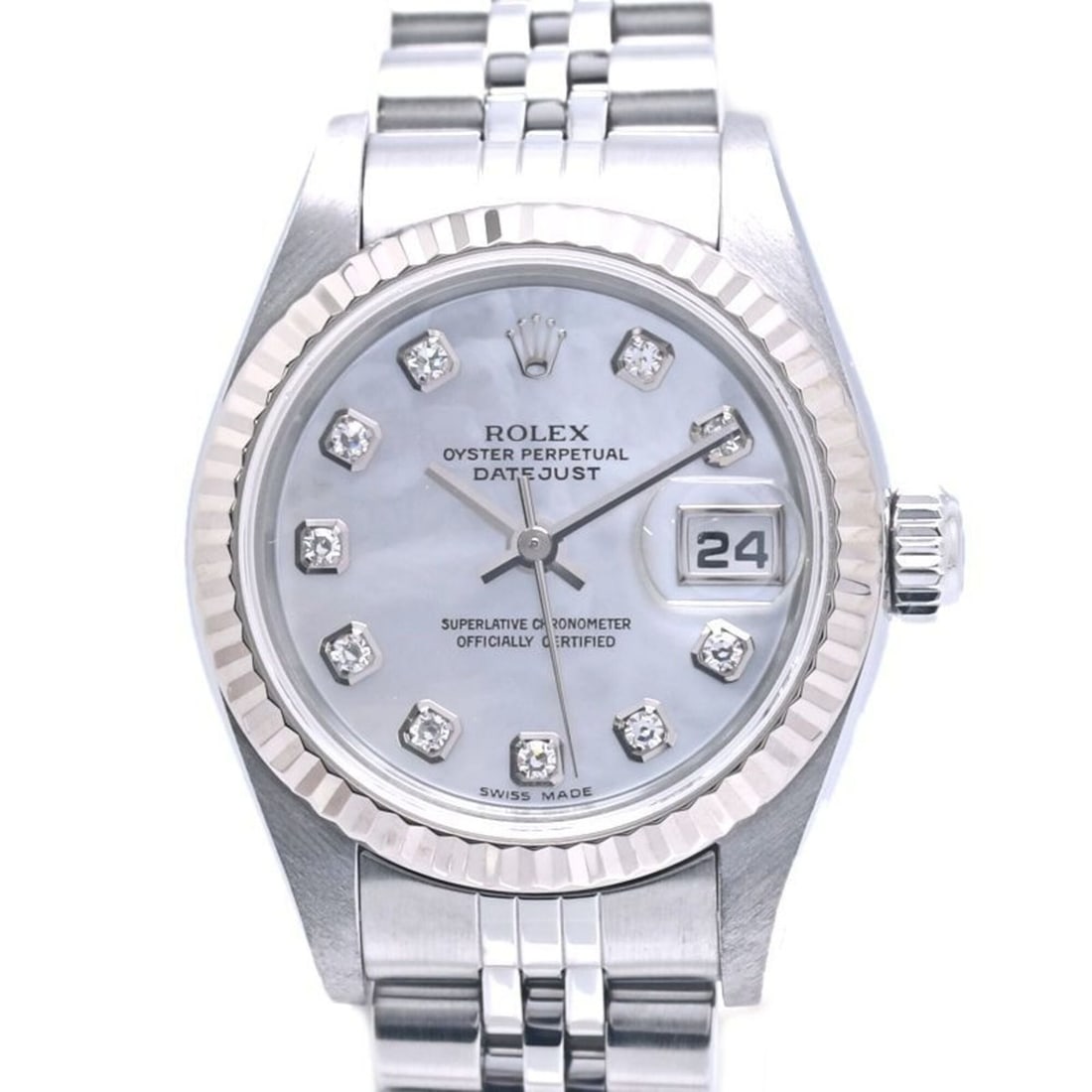 ROLEX Datejust 10P Diamond 79174NG Women's Watch 18K White Gold x Stainless Steel 40365: --- Catalog ---Category: SizeWrist Size: 17.5cm / 6.88''Case Diameter: 26mm / 1.02''Category: DesignType: WristwatchGender: WomenColor (Dial): White shellMaterial (Band): Stainless steelMaterial (Case
