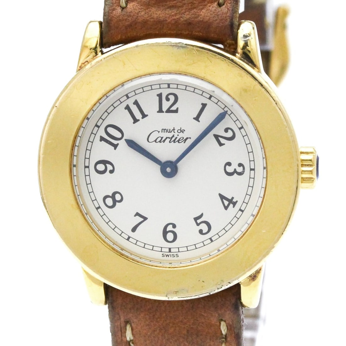 CARTIER Must Rondo Vermeil Gold Plated Steel Quartz Ladies Watch: --- Catalog ---Category: SizeCase Diameter: 27mm / 1.06''Category: DesignType: WristwatchStyle: Dress/FormalGender: WomenColor (Dial): WhiteMaterial (Band): LeatherMaterial (Case): Gold platedCategory
