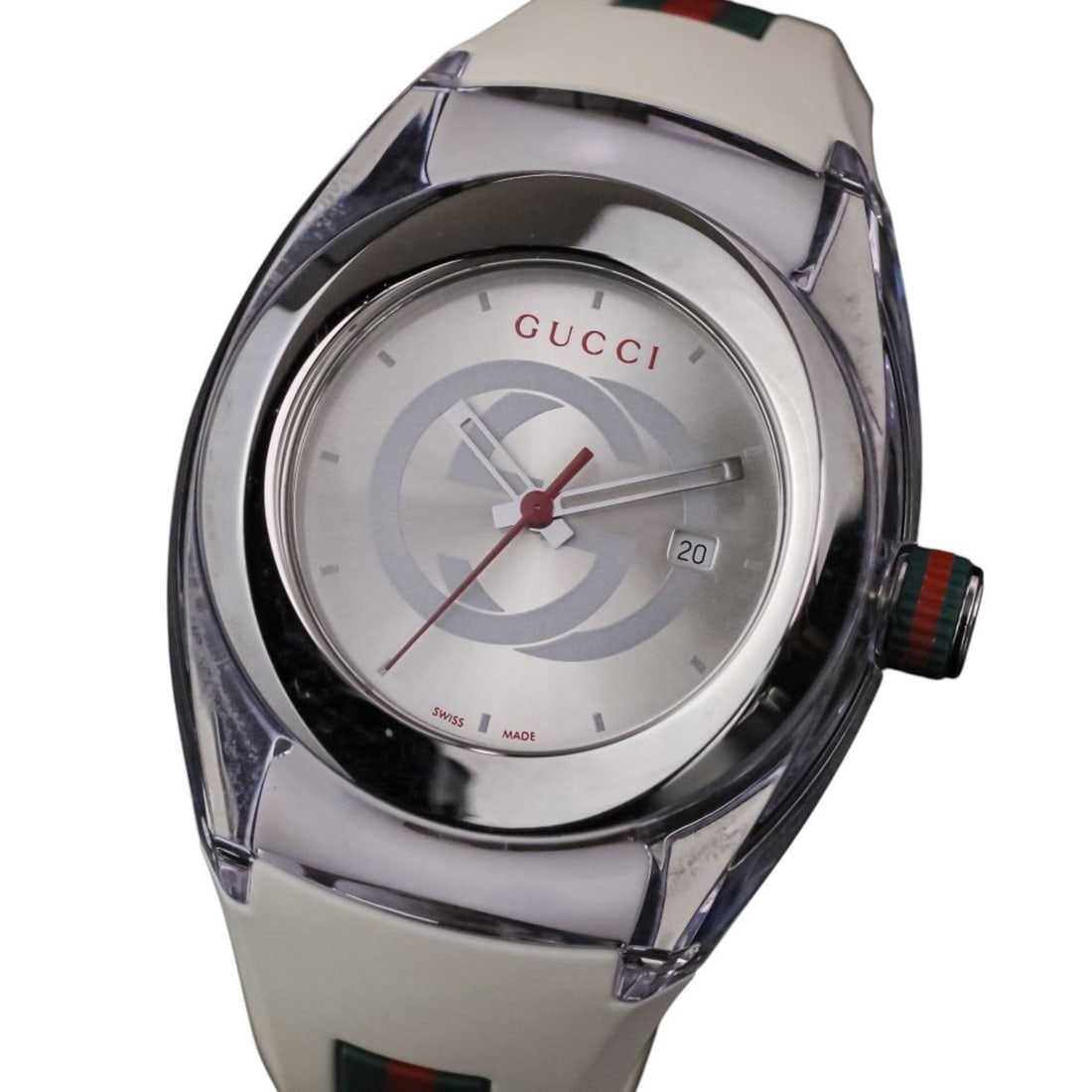GUCCI Sync Interlocking G Watch 137.3 Silver Dial White Men's/Women's: --- Catalog ---Category: SizeWrist Size: 16.5cm - 20.5cm / 6.49'' - 8.07''Case Diameter: 39mm / 1.54''Category: DesignType: WristwatchGender: Men,WomenColor (Dial): SilverMaterial (Band): Rubber, Stai