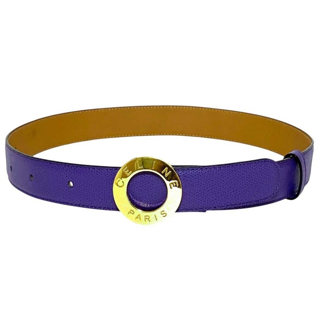 CELINE Vintage Circle Logo Buckle Stud Type Leather Belt Purple x Gold Hardware Women's: --- Catalog ---Category: SizeLength: 56.5cm - 73cm / 22.24'' - 28.74''Category: DesignType: Standard beltColor: PurpleGender: WomenMaterial (Strap): Leather Category: GeneralBrand: Celine--- Item List