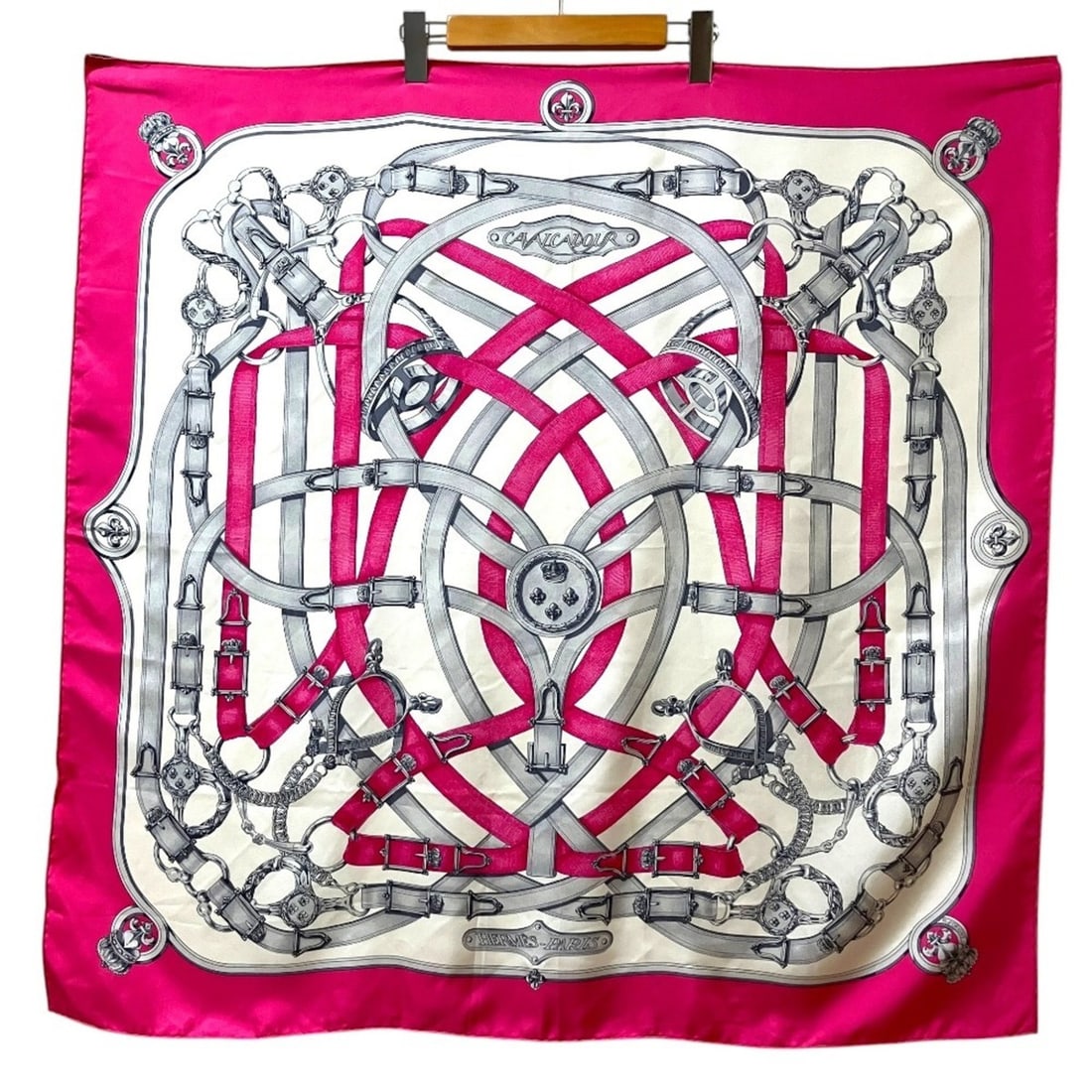 HERMES Cavalcadour Carre 90 Large Silk Scarf, Pink, Women's: --- Catalog ---Category: SizeSize (LxW): 87cm x 88cm / 34.25'' x 34.64''Category: DesignType: ScarfColor: PinkGender: WomenMaterial: Silk Category: GeneralBrand: Hermes--- Item List ---Section: Condit