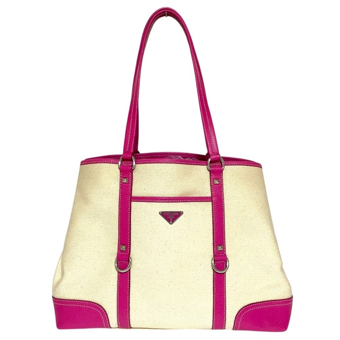 PRADA Triangle Plate Canvas Tote Bag BR2920 Beige Pink Women's: --- Catalog ---Category: SizeSize (HxWxD): 27cm x 36cm x 14cm / 10.62'' x 14.17'' x 5.51''Category: DesignType: Tote bagColor: Beige, PinkGender: WomenMaterial: Canvas Category: GeneralBrand: Prada---
