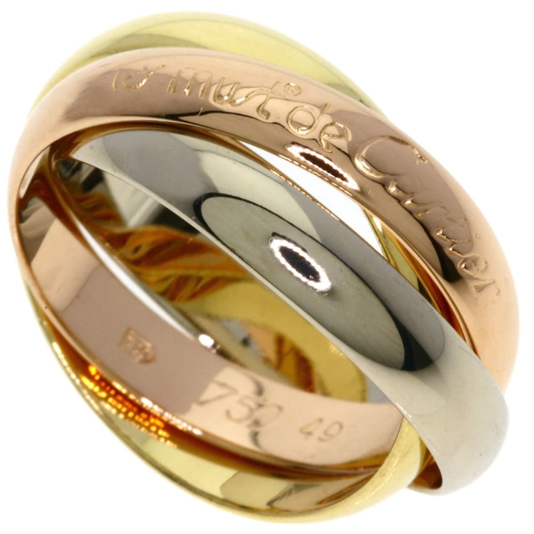 Cartier Trinity #49 Ring - 18K Yellow Gold/18K Pink White Gold Women's CARTIER: --- Catalog ---Category: SizeWidth: 3.4mm / 0.13''Weight: 6.7g / 0.23oz.JP Size: 9US Size: 5Category: DesignType: Band ringGender: WomenMaterial: Pink gold (18K), White gold (18K), Yellow gold (18K)Ca