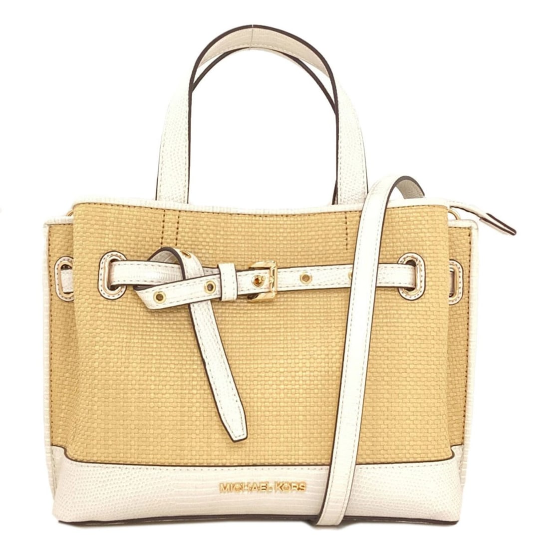 Michael Kors Emilia 2-Way Handbag, Leather/Straw-like, Women's: --- Catalog ---Category: SizeSize (HxWxD): 19.5cm x 24cm x 10cm / 7.67'' x 9.44'' x 3.93''Category: DesignType: HandbagColor: BeigeGender: WomenMaterial: Leather , Straw Category: GeneralBrand: Michae
