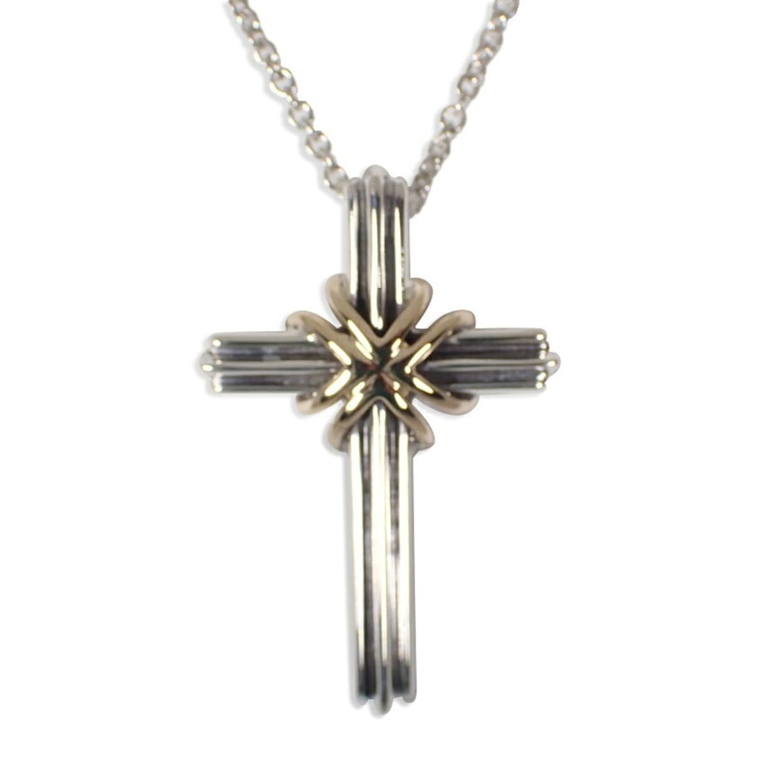 TIFFANY & Co. 925 750 Signature Cross Pendant Necklace: --- Catalog ---Category: SizePendant Size: 33mm x 22.1mm / 1.29'' x 0.87''Neck Circumference: 46 cm / 18.11''Category: DesignGender: WomenMaterial: Sterling silver 925, Yellow gold (18K)Necklace Type: