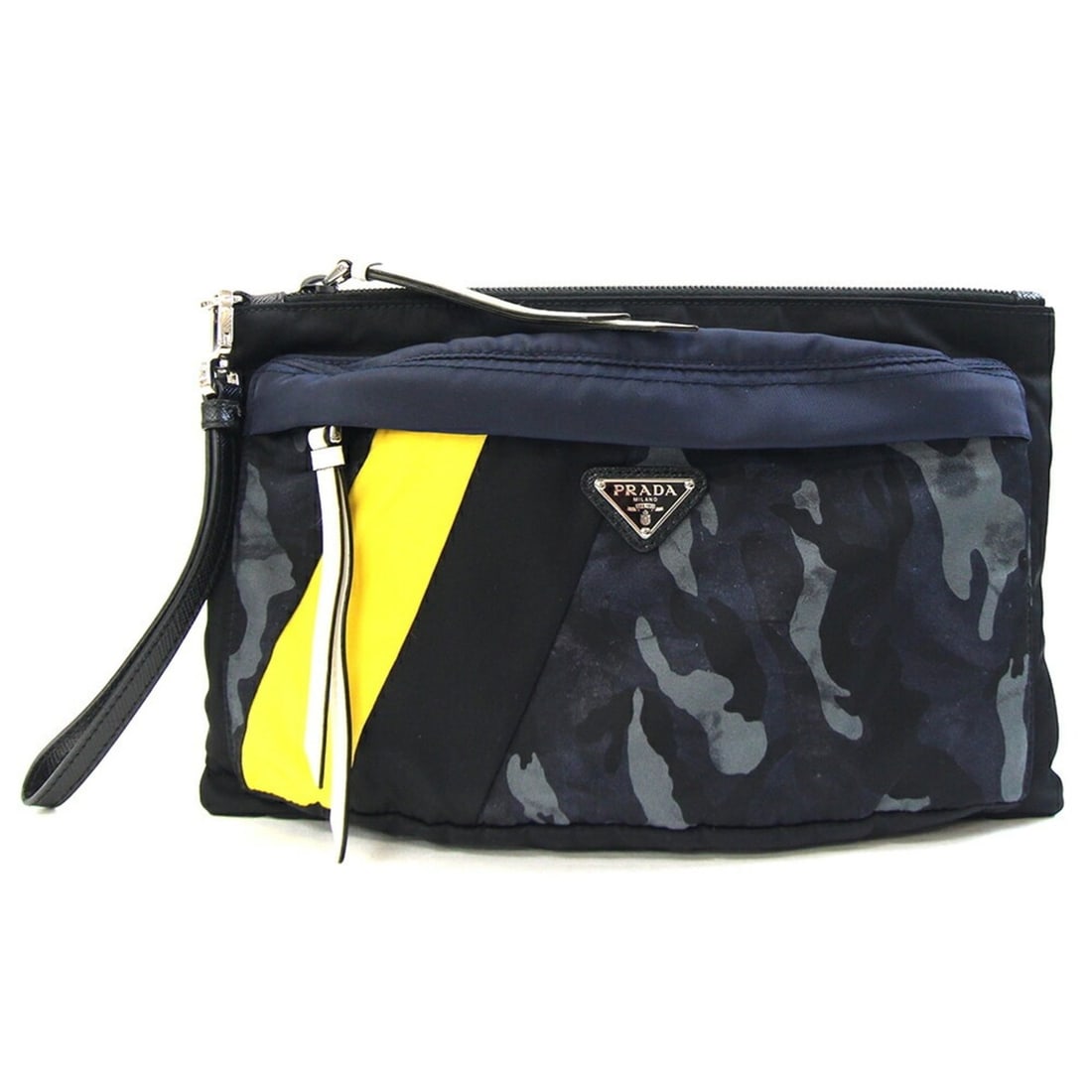 Prada Clutch Bag 2NH07D Navy Black Nylon Handbag Pouch Camouflage Pattern Men's PRADA: --- Catalog ---Category: SizeSize (HxWxD): 17cm x 27.5cm / 6.69'' x 10.82''Category: DesignType: Clutch bag, HandbagColor: Black, NavyGender: MenMaterial: Nylon , Leather Category: GeneralBrand: Prada