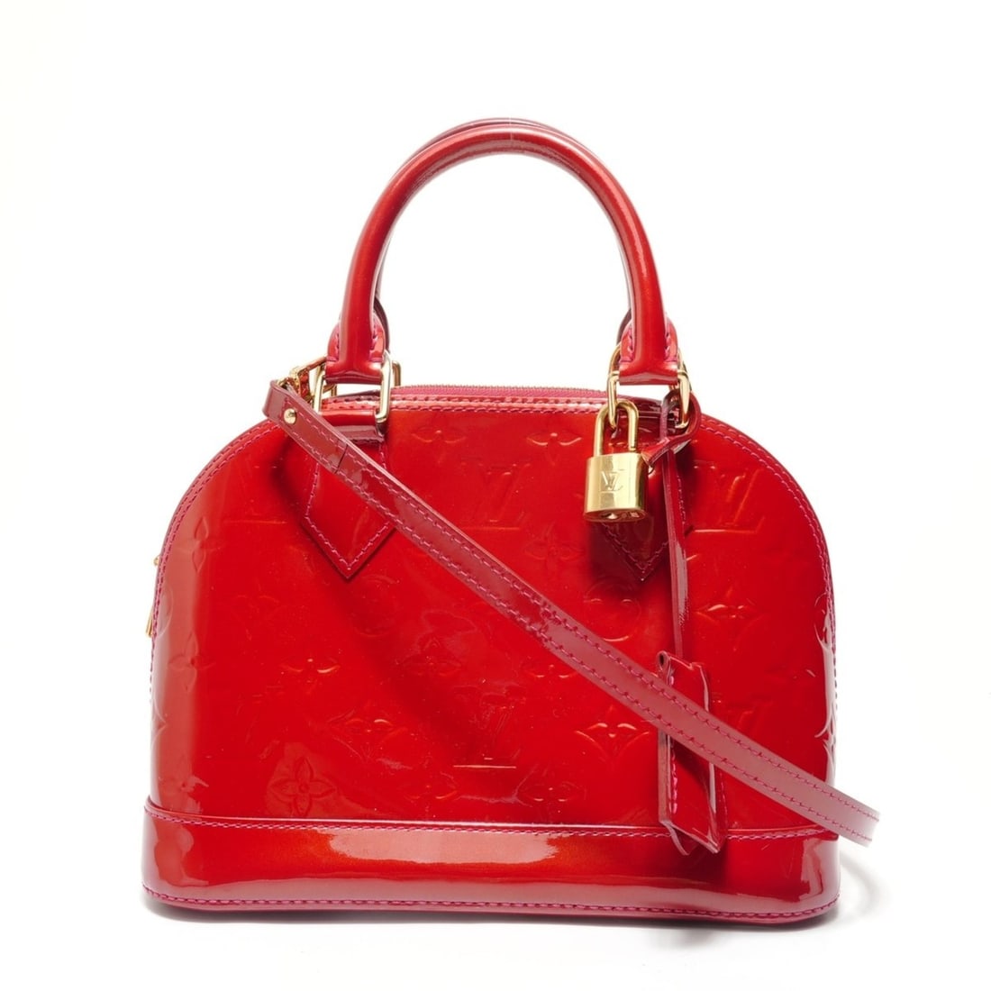 Louis Vuitton Alma BB Monogram Vernis 2-way Handbag, Red: --- Catalog ---Category: SizeStrap Drop: 1.1m / 43.3''Size (HxWxD): 16cm x 22.5cm x 11cm / 6.29'' x 8.85'' x 4.33''Strap Length: 110cm / 43.3''Category: DesignType: HandbagColor: Monogram, Red colorGe