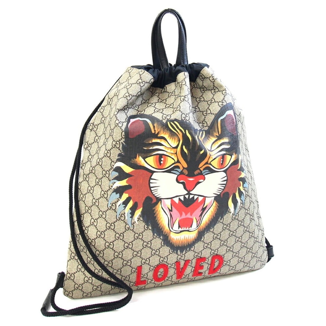 Gucci GG Supreme Angry Cat Backpack 473872 Beige Black Nylon Leather Knapsack Men's Women's GUCCI: --- Catalog ---Category: SizeSize (HxWxD): 41cm x 37.5cm / 16.14'' x 14.76''Category: DesignType: BackpackColor: Beige, BlackGender: Men,WomenMaterial: PVC , Nylon , Leather Category: GeneralBrand: Gu