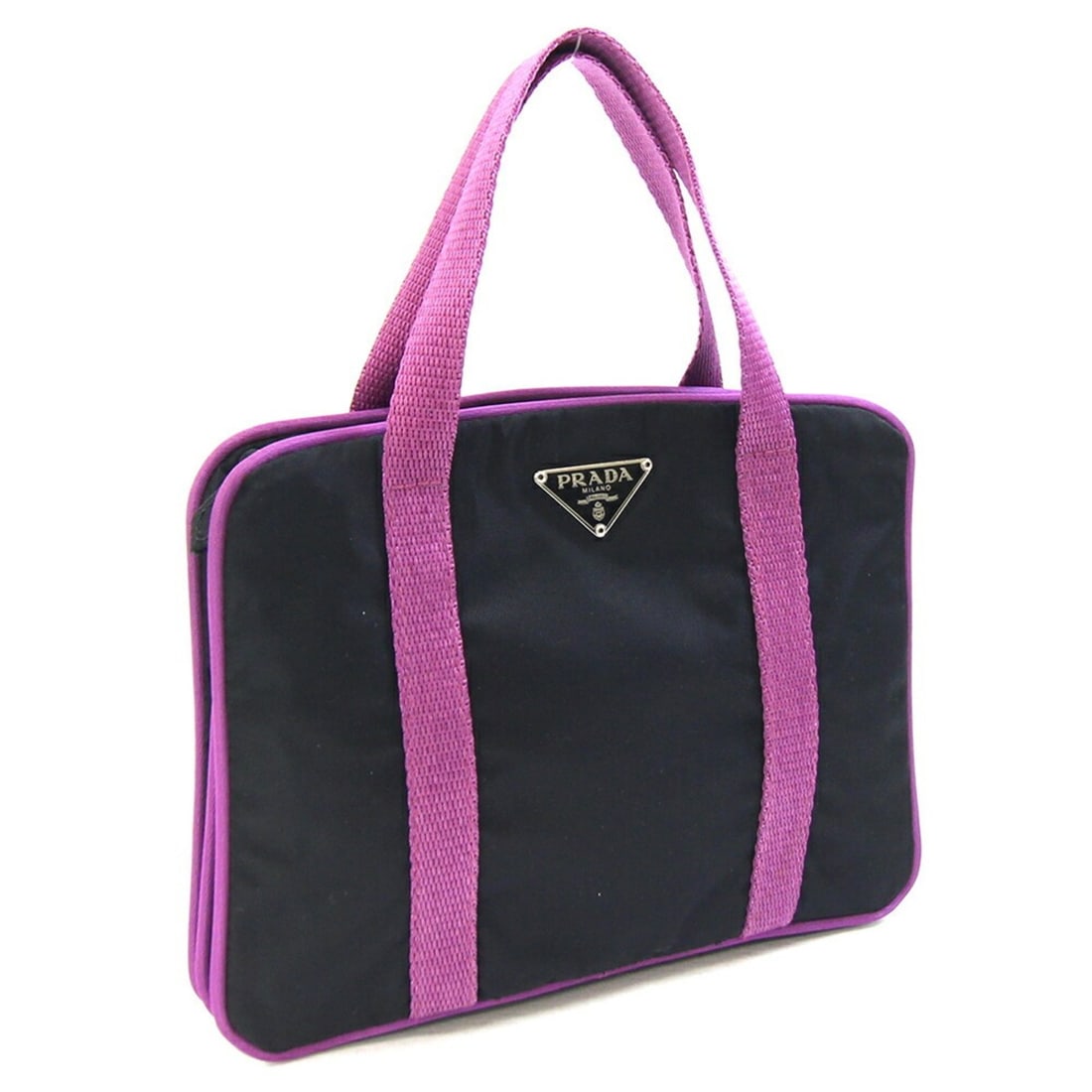 Prada handbag, black and purple nylon, handbag-in-bag, triangle travel pouch, women's PRADA: --- Catalog ---Category: SizeSize (HxWxD): 14.5cm x 19cm / 5.7'' x 7.48''Handle Length: 21cm / 8.26''Category: DesignType: HandbagColor: Black, PurpleGender: WomenMaterial: Nylon Category: GeneralBran