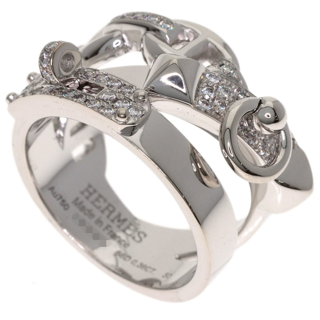 Hermes Alsimi Diamond Ring #50, 18K White Gold, Women's: --- Catalog ---Category: SizeWeight: 12.2g / 0.43oz.Category: DesignColor: WhiteStone: DiamondGender: WomenWeight (ct.): 0.36Category: GeneralBrand: Hermes--- Item List ---Section: ConditionRanking: R