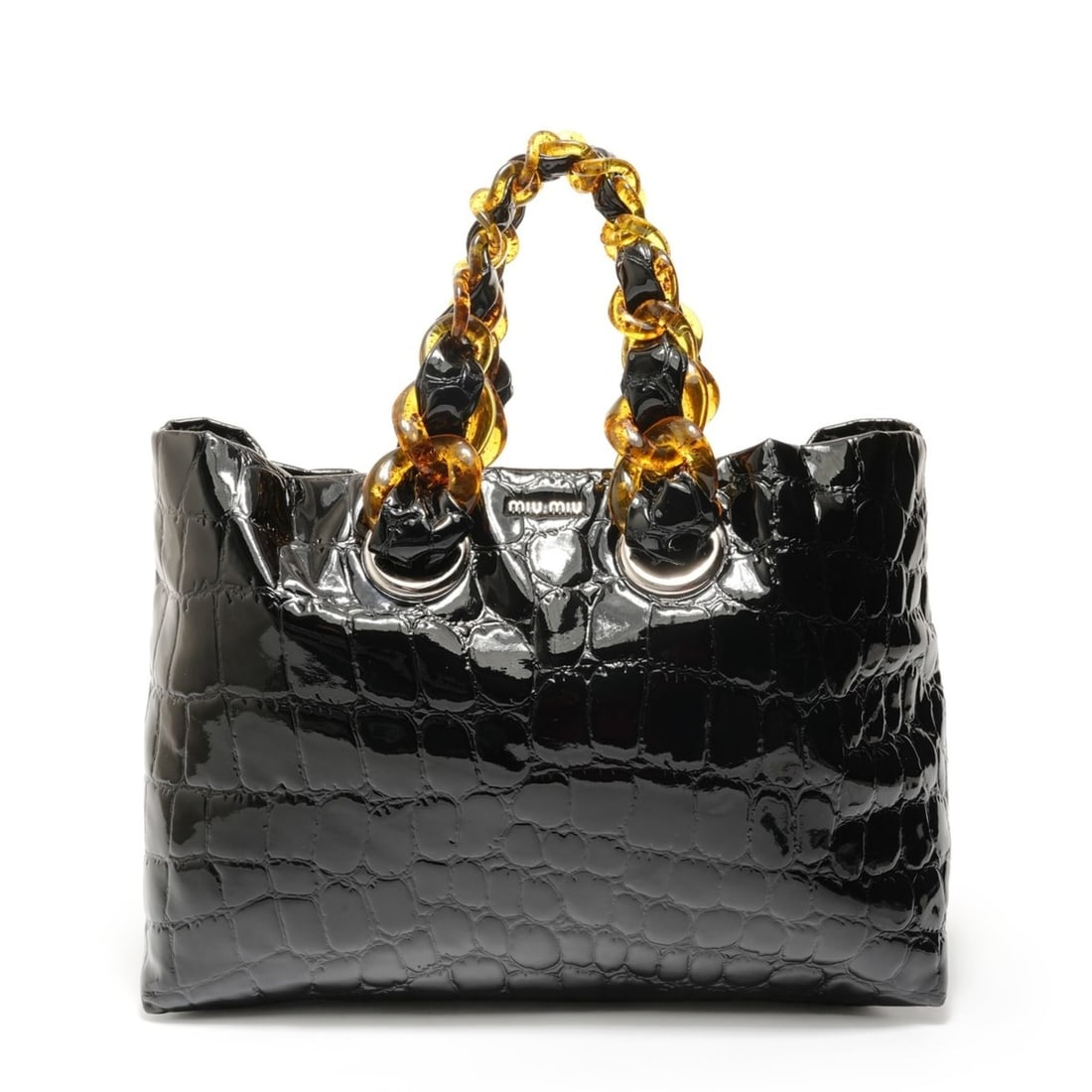 Miu Miu Miu Patent Leather Tote Bag with Chain, Black: --- Catalog ---Category: SizeSize (HxWxD): 30cm x 40cm x 19cm / 11.81'' x 15.74'' x 7.48''Category: DesignType: Tote bagColor: BlackGender: WomenCategory: GeneralBrand: Miu Miu--- Item List ---Section