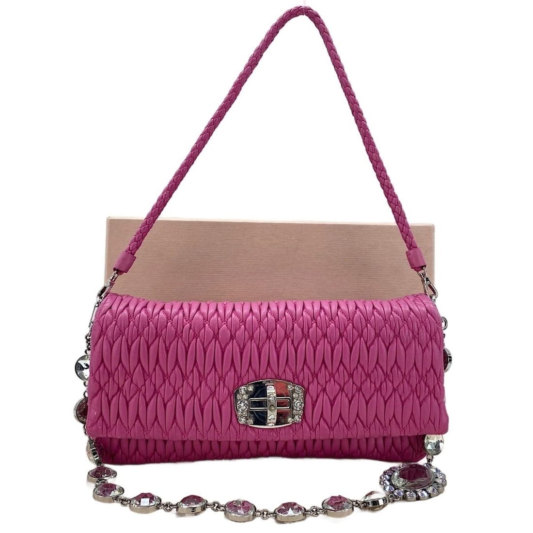 Miu Miu Miu Nappa Crystal 3-Way Shoulder Bag, Pink: --- Catalog ---Category: SizeSize (HxWxD): 14cm x 28cm x 3cm / 5.51'' x 11.02'' x 1.18''Category: DesignType: Shoulder bagColor: PinkGender: WomenCategory: GeneralBrand: Miu MiuCountry of Origin: Ital