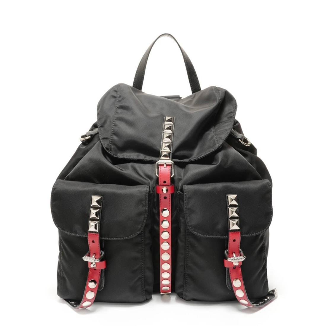 Prada Nylon Studded Leather Backpack, Black: --- Catalog ---Category: SizeSize (HxWxD): 34cm x 30cm x 14cm / 13.38'' x 11.81'' x 5.51''Category: DesignType: BackpackColor: BlackGender: WomenMaterial: Nylon Category: GeneralBrand: PradaCountry of