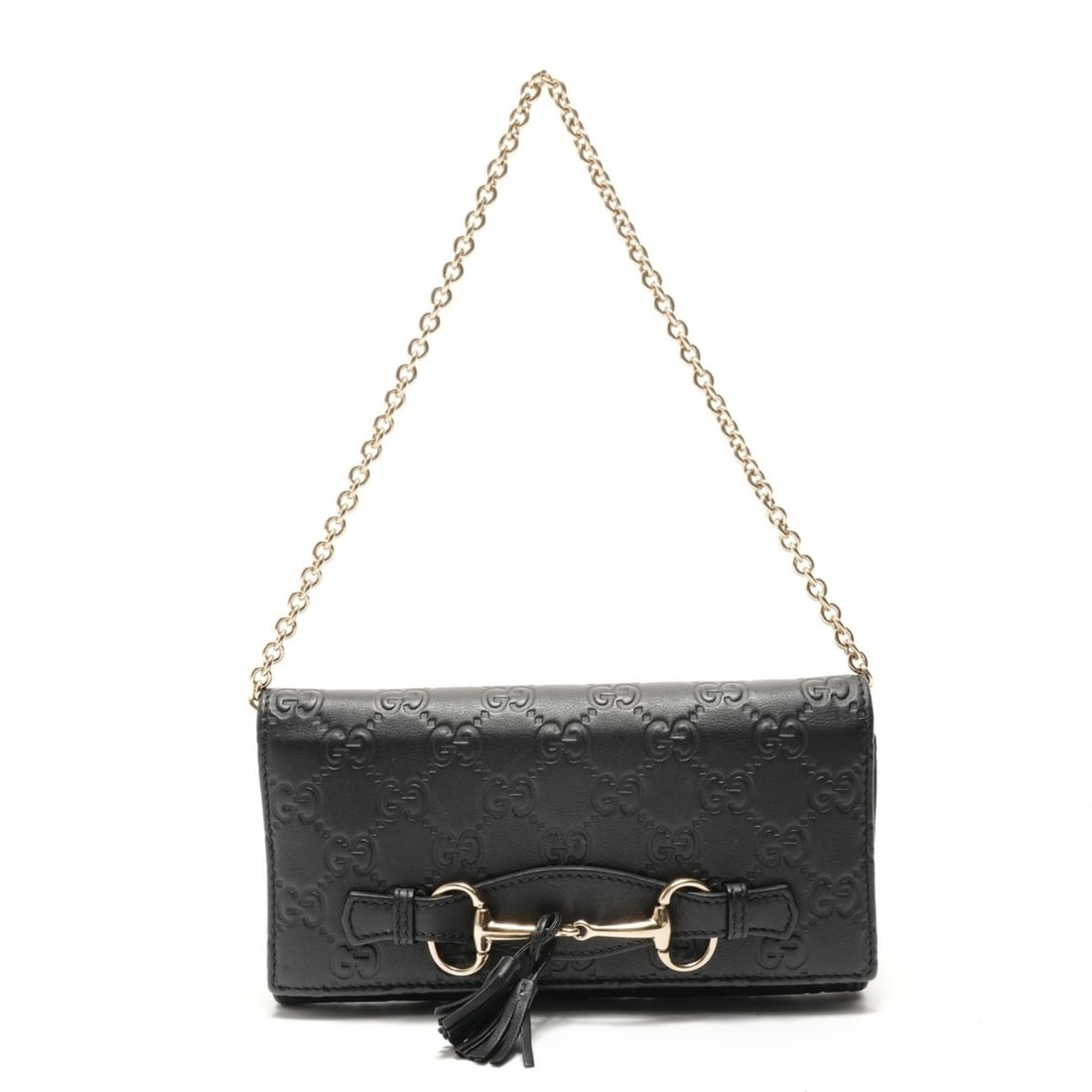 Gucci Guccissima Horsebit Chain Wallet Shoulder Bag Black: --- Catalog ---Category: SizeSize (HxWxD): 10cm x 19cm x 2cm / 3.93'' x 7.48'' x 0.78''Strap Length: 43cm / 16.92''Category: DesignType: Shoulder bagColor: BlackGender: WomenCategory: GeneralLine: Hor