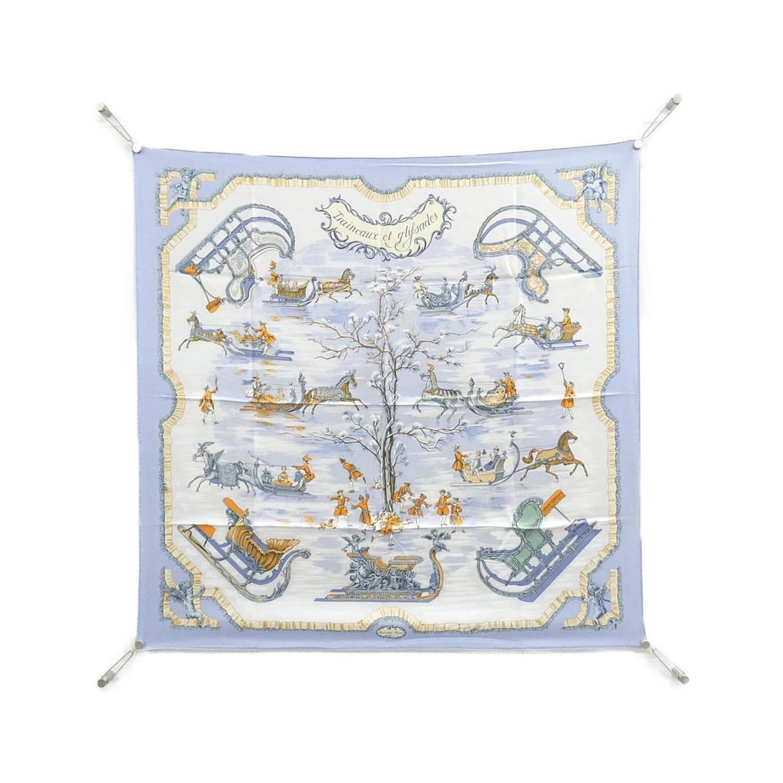 Hermes TRAINEAUX ET GLISSADES Carre Scarf Muffler: --- Catalog ---Category: SizeSize (LxW): 90cm x 90cm / 35.43'' x 35.43''Category: DesignType: ScarfColor: BlueGender: WomenMaterial: Silk Category: GeneralBrand: Hermes--- Item List ---Section: