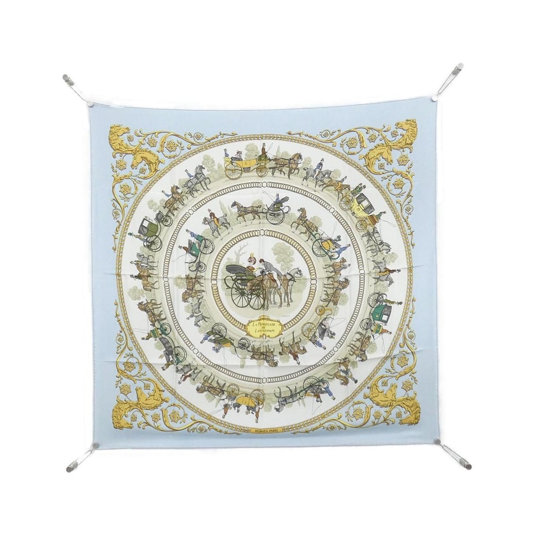 Hermes LA PROMENADE DE LONGCHAMPS Carre Scarf Muffler: --- Catalog ---Category: SizeSize (LxW): 90cm x 90cm / 35.43'' x 35.43''Category: DesignType: ScarfColor: BlueGender: WomenMaterial: Silk Category: GeneralBrand: Hermes--- Item List ---Section: