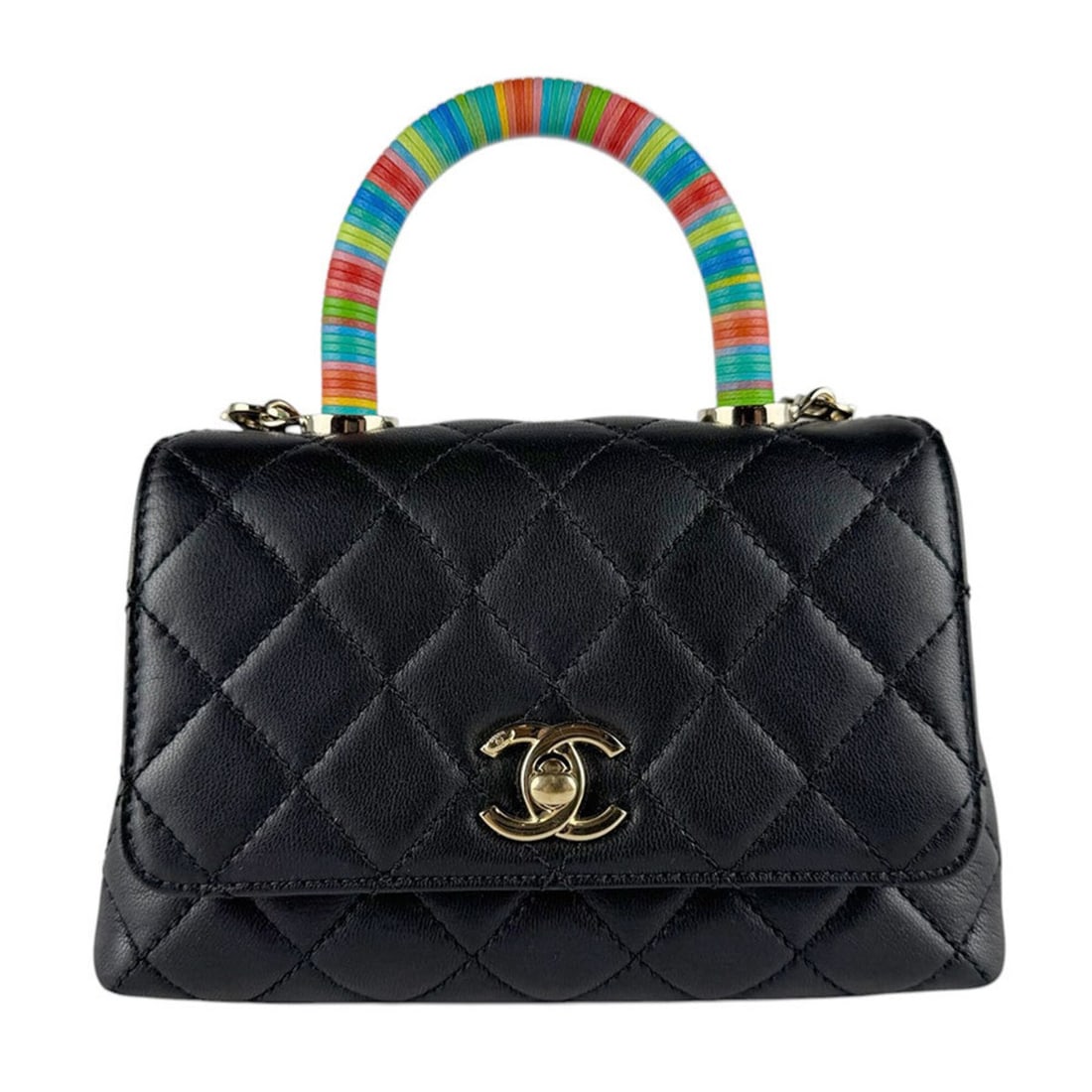 Chanel XXS Handbag/Shoulder Bag with Coco Handle, Leather, Black/Multicolor Gold, Women's (z10295): --- Catalog ---Category: SizeSize (HxWxD): 14cm x 19cm x 7cm / 5.51'' x 7.48'' x 2.75''Category: DesignType: Handbag, Shoulder bagColor: Black, Multi-colorGender: WomenMaterial: Leather Category: Gene
