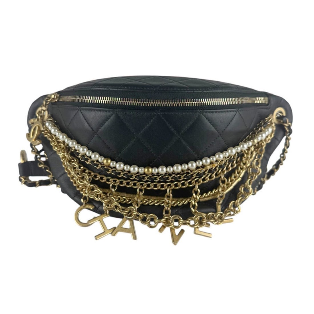 Chanel CHANEL Shoulder Bag Waist Leather Metal Faux Pearl Black Gold Off-White Women's z10287: --- Catalog ---Category: SizeSize (HxWxD): 12cm x 22cm x 3cm / 4.72'' x 8.66'' x 1.18''Category: DesignType: Fanny pack, Shoulder bagColor: Black, Gold, Off-whiteGender: WomenMaterial: Leather Categor