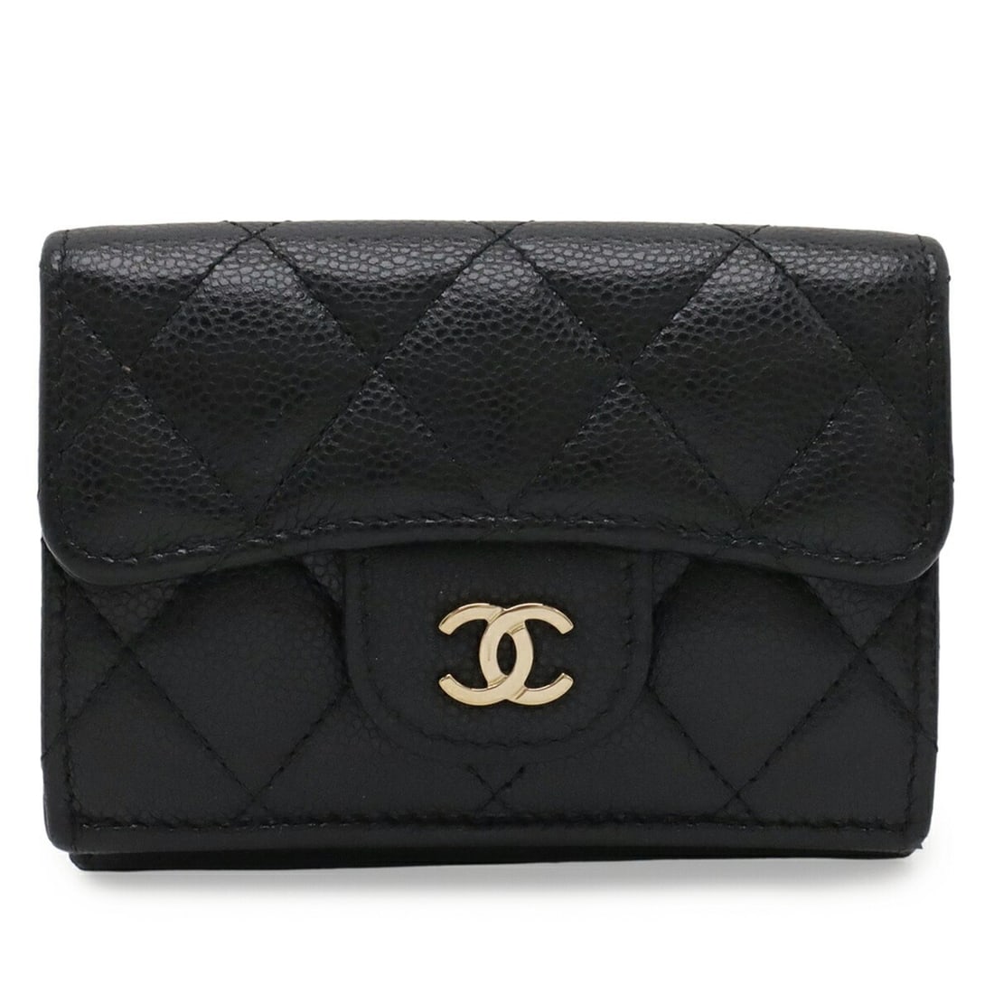CHANEL Classic Small Flap Wallet, Matelassé, Coco Mark, Tri-fold, Caviar Leather, Black AP0230: --- Catalog ---Category: SizeSize (HxWxD): 7.5cm x 10.5cm / 2.95'' x 4.13''Category: DesignType: Wallet (tri-fold)Color: BlackGender: Women,MenMaterial: Grained Calfskin Category: GeneralBrand: Chanel
