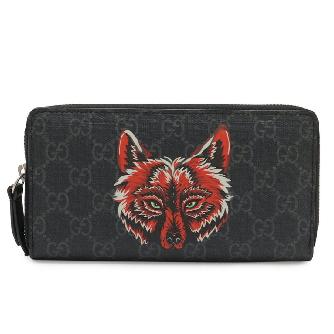 GUCCI GG Supreme Zip-Around Wallet, Wolf Design, Long Dark Gray, Black, Red, 451273: --- Catalog ---Category: SizeSize (HxWxD): 10.5cm x 19cm / 4.13'' x 7.48''Category: DesignType: Long wallet (bi-fold)Color: Black, Dark gray, Red colorGender: Women,MenMaterial: GG Supreme , Canvas , 
