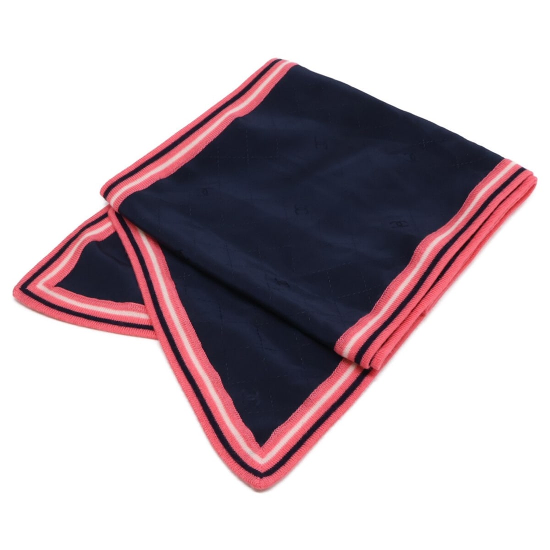CHANEL 2018 Christmas Limited Edition Coco Mark Matelassé Knit Trim Stole/Scarf (Pink/Navy) -: --- Catalog ---Category: SizeSize (LxW): 1.92m x 24cm / 75.59'' x 9.44''Category: DesignType: StoleColor: Navy, PinkGender: WomenMaterial: Silk Category: GeneralBrand: Chanel--- Item List ---Section: 
