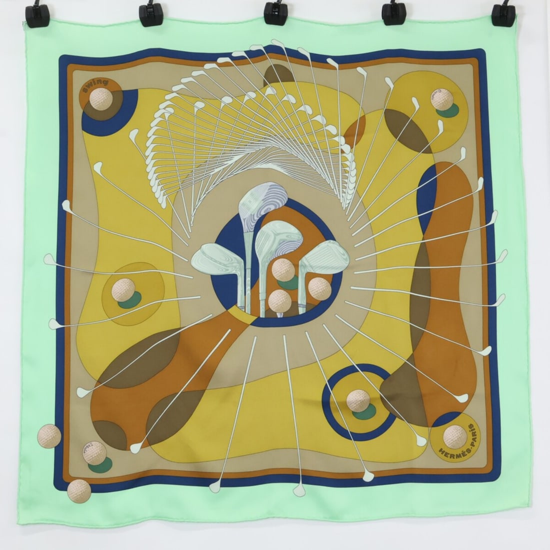 HERMES SWING Golf Club Carre 70 Silk Scarf/Muffler, Light Green/Brown Tones, Women's: --- Catalog ---Category: SizeSize (LxW): 67cm x 66cm / 26.37'' x 25.98''Category: DesignType: ScarfColor: Brown, Light greenGender: WomenMaterial: Silk Category: GeneralBrand: Hermes--- Item List ---S