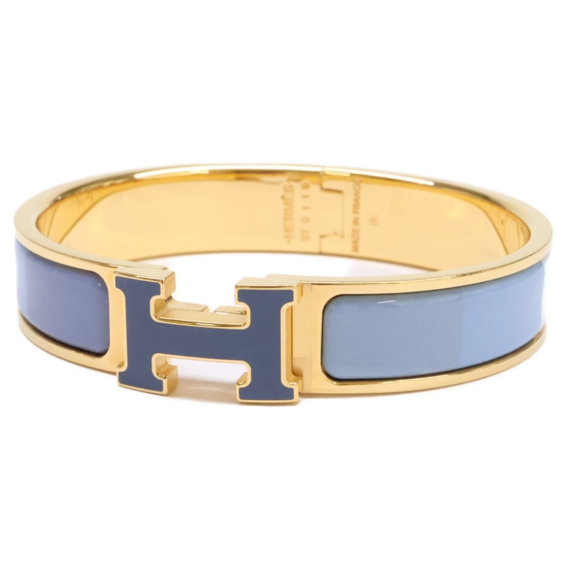 HERMES Clic H PM H-motif enamel bangle, gold and blue gradient, for women.: --- Catalog ---Category: SizeLength: 16cm / 6.29''Category: DesignType: BangleColor: Blue, GoldGender: WomenMaterial: MetalCategory: GeneralBrand: Hermes--- Item List ---Section: ConditionRanking: Ran