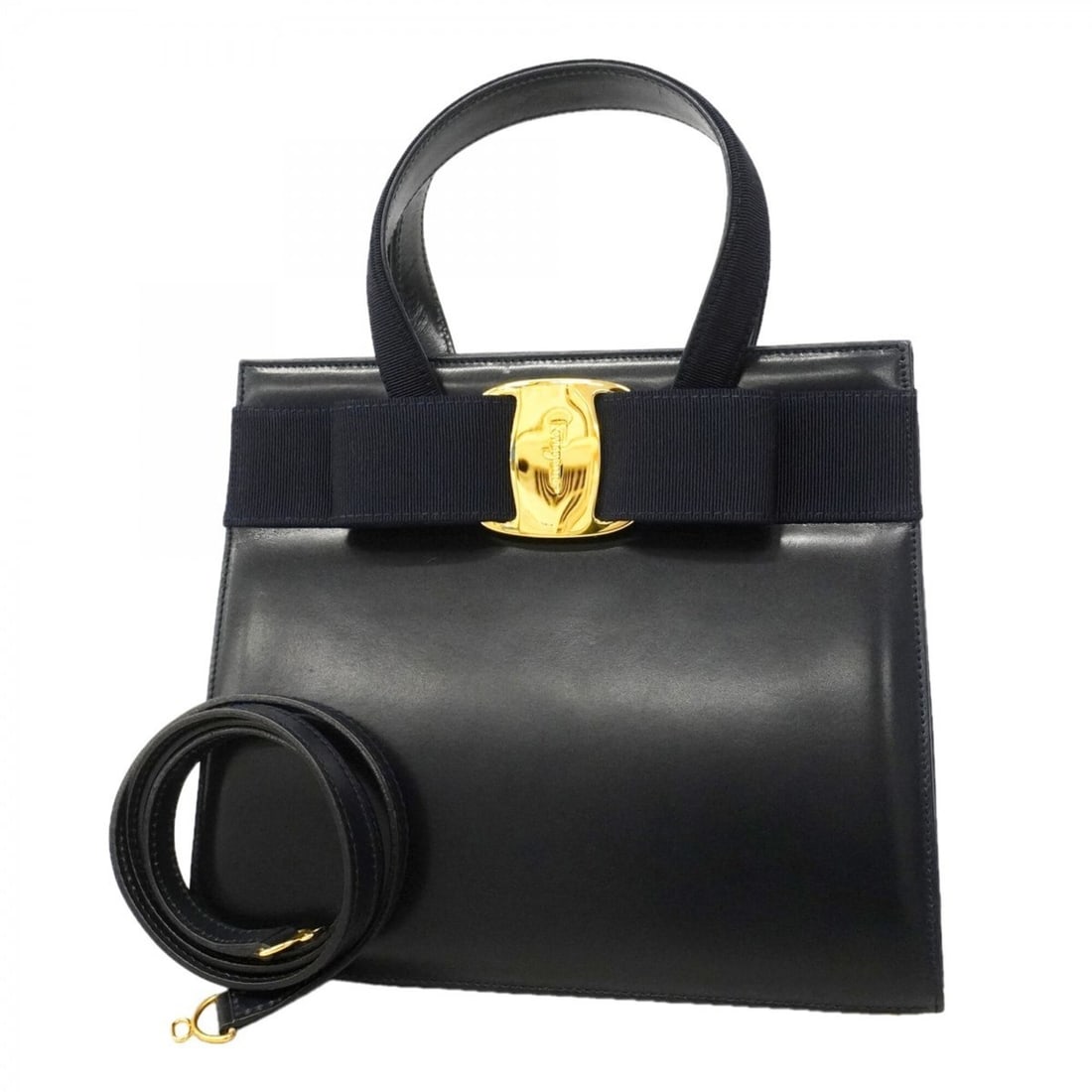 Salvatore Ferragamo Vara Leather Handbag, Navy, 2-way bag for women: --- Catalog ---Category: SizeSize (HxWxD): 21cm x 24.5cm x 9.5cm / 8.26'' x 9.64'' x 3.74''Category: DesignType: HandbagColor: NavyGender: WomenMaterial: Leather Hardware Color: GoldCategory: GeneralB