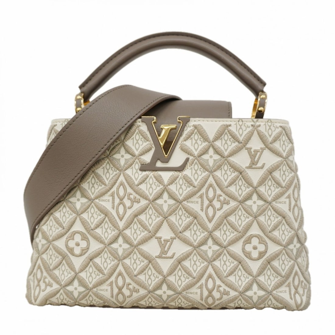 Louis Vuitton handbag, Monogram Jacquard, SINCE 1854, Capucines BB, M46042, Taupe, 2-way bag for: --- Catalog ---Category: SizeSize (HxWxD): 18.5cm x 26.5cm x 9cm / 7.28'' x 10.43'' x 3.54''Category: DesignType: HandbagColor: TaupeGender: WomenCategory: GeneralMPN: M46042Brand: Louis Vuitton--- It