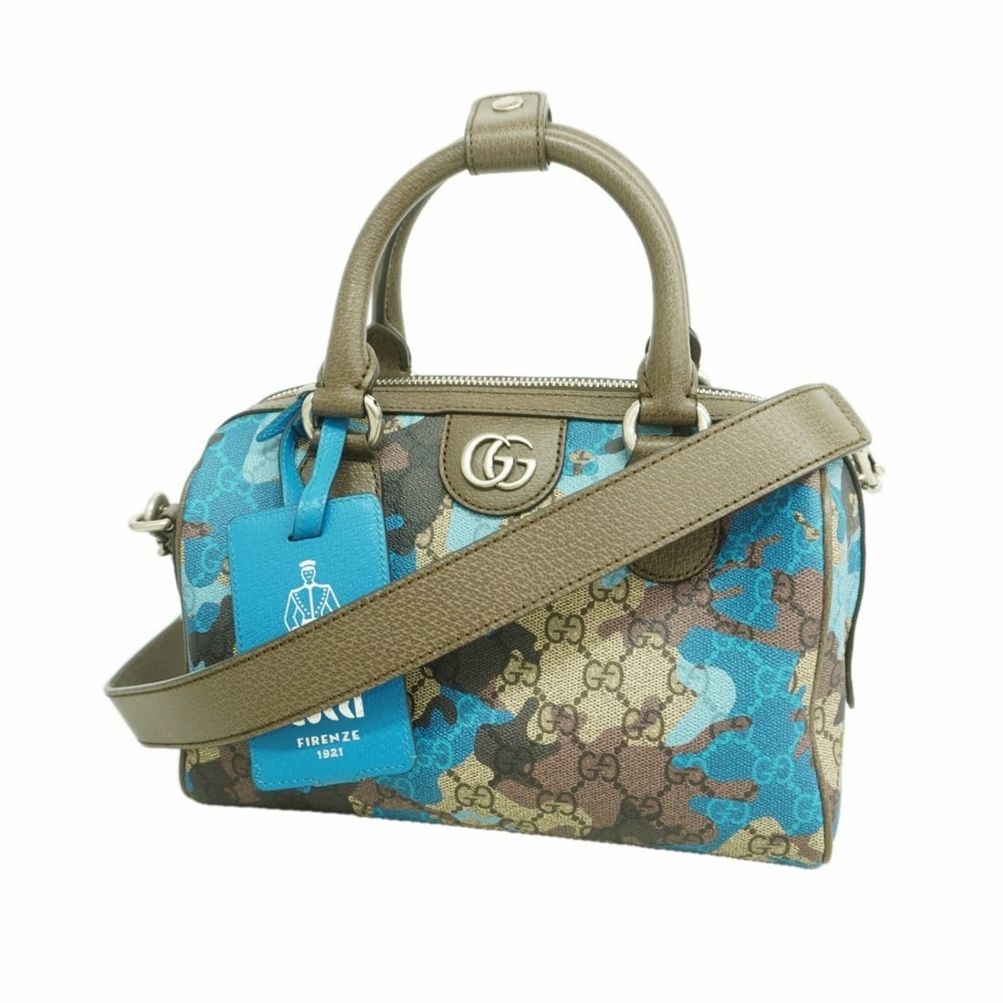 Gucci handbag, camouflage pattern, 854860, blue/brown, 2-way bag for women, P3075087: --- Catalog ---Category: SizeSize (HxWxD): 17cm x 26.5cm x 13.5cm / 6.69'' x 10.43'' x 5.31''Category: DesignType: HandbagColor: Blue, BrownGender: WomenMaterial: PVC Hardware Color: SilverCategory: G