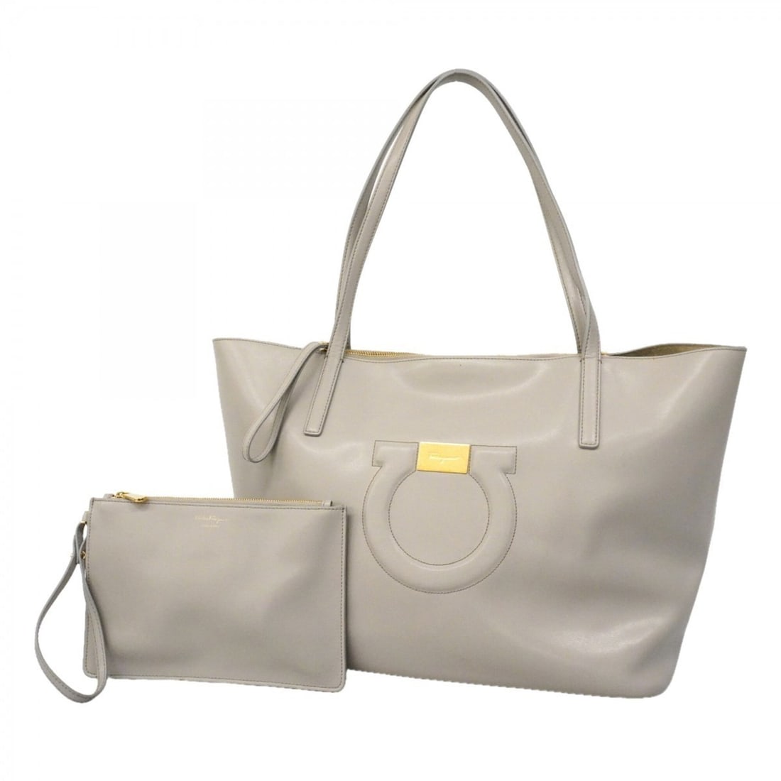 Salvatore Ferragamo Gancini Leather Tote Bag, Gray, Women's: --- Catalog ---Category: SizeSize (HxWxD): 29cm x 34cm x 16cm / 11.41'' x 13.38'' x 6.29''Category: DesignType: Tote bagColor: GrayGender: WomenMaterial: Leather Hardware Color: GoldCategory: GeneralB