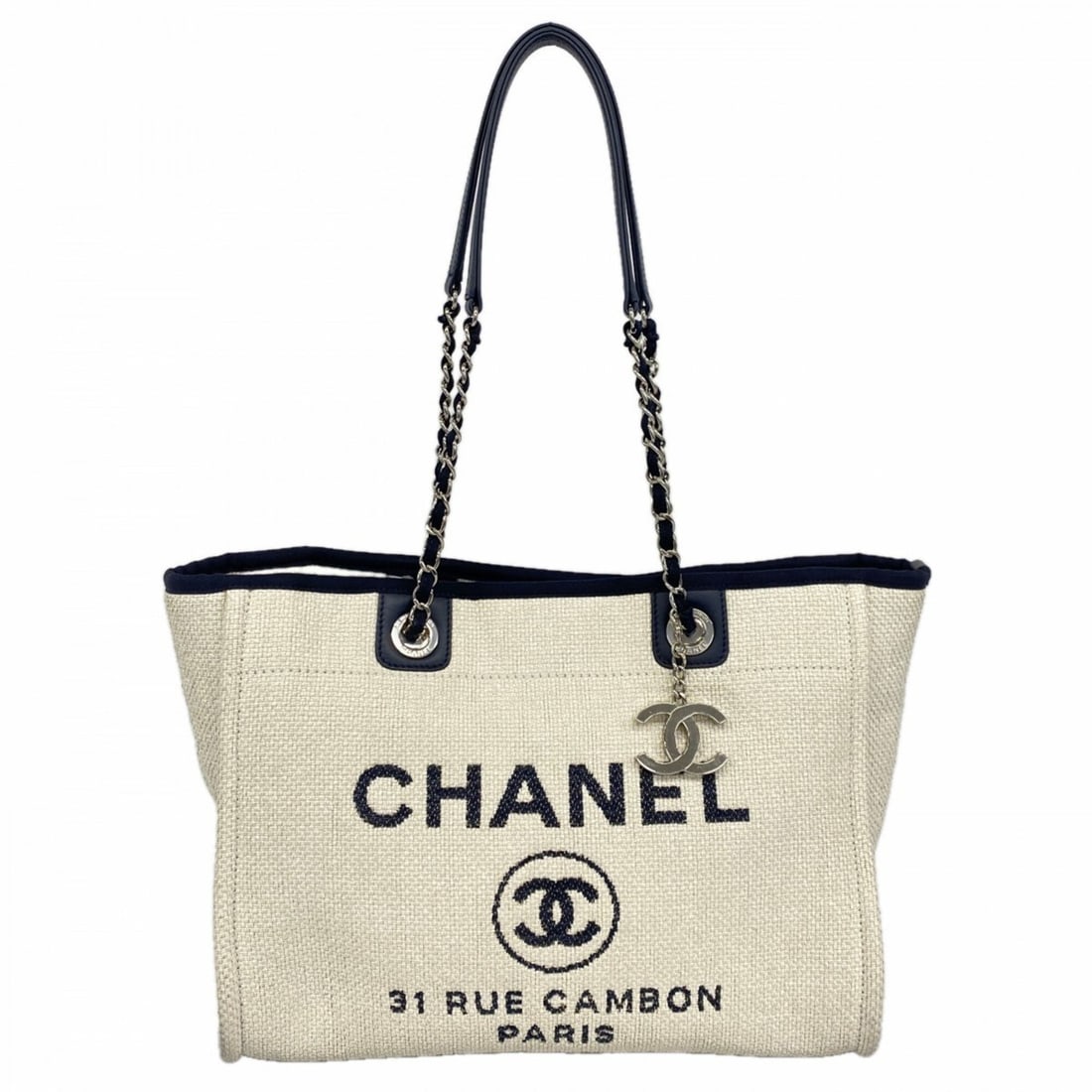 Chanel Deauville Straw Chain Tote Bag (Ivory/Navy) - Women's (1 of 13)