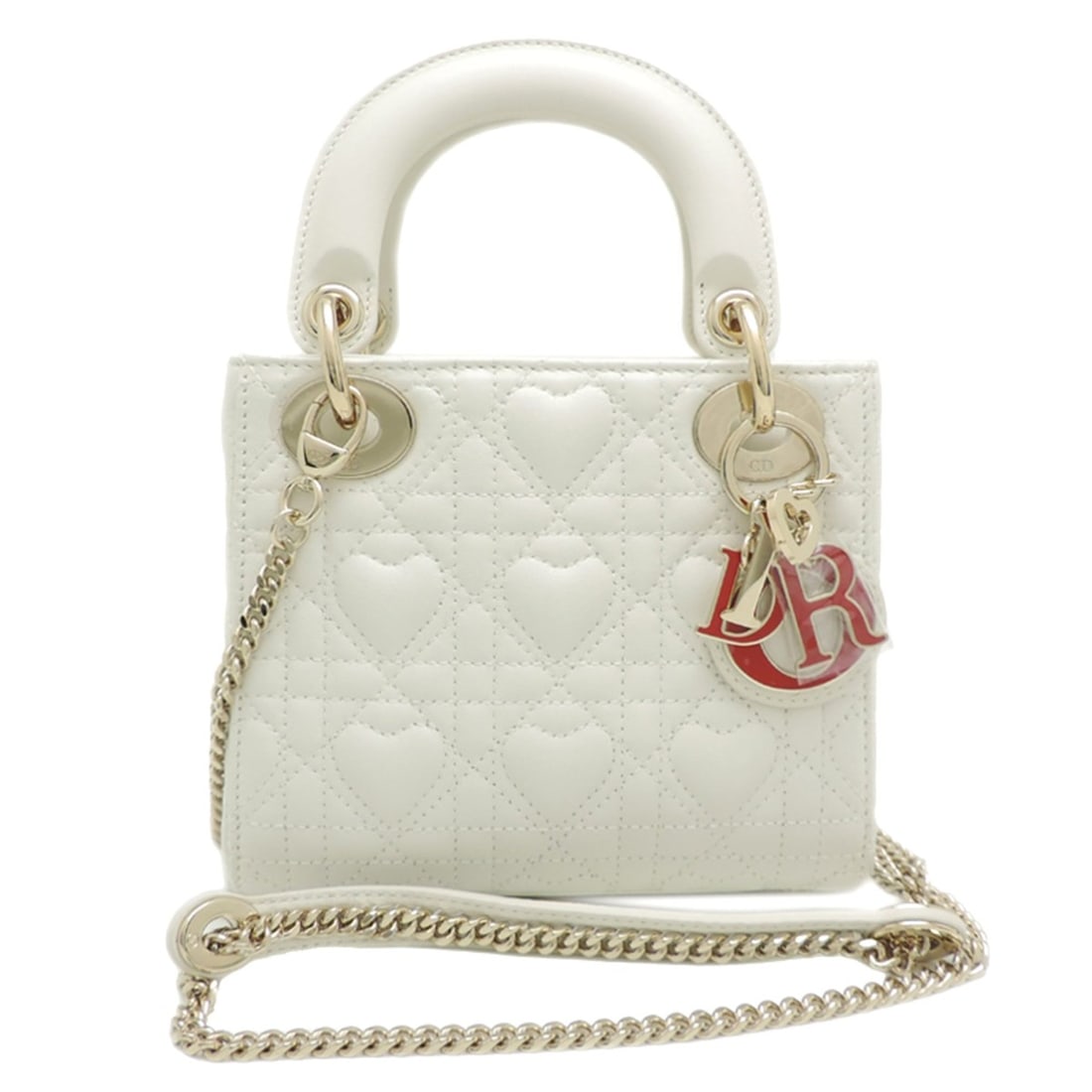 Christian Dior My Lady Heart Motif Women's Handbag Lambskin White: --- Catalog ---Category: SizeSize (HxWxD): 14cm x 16cm x 7.5cm / 5.51'' x 6.29'' x 2.95''Category: DesignType: HandbagColor: WhiteGender: WomenMaterial: Leather Leather/Fur Type: LambskinCategory: Gen