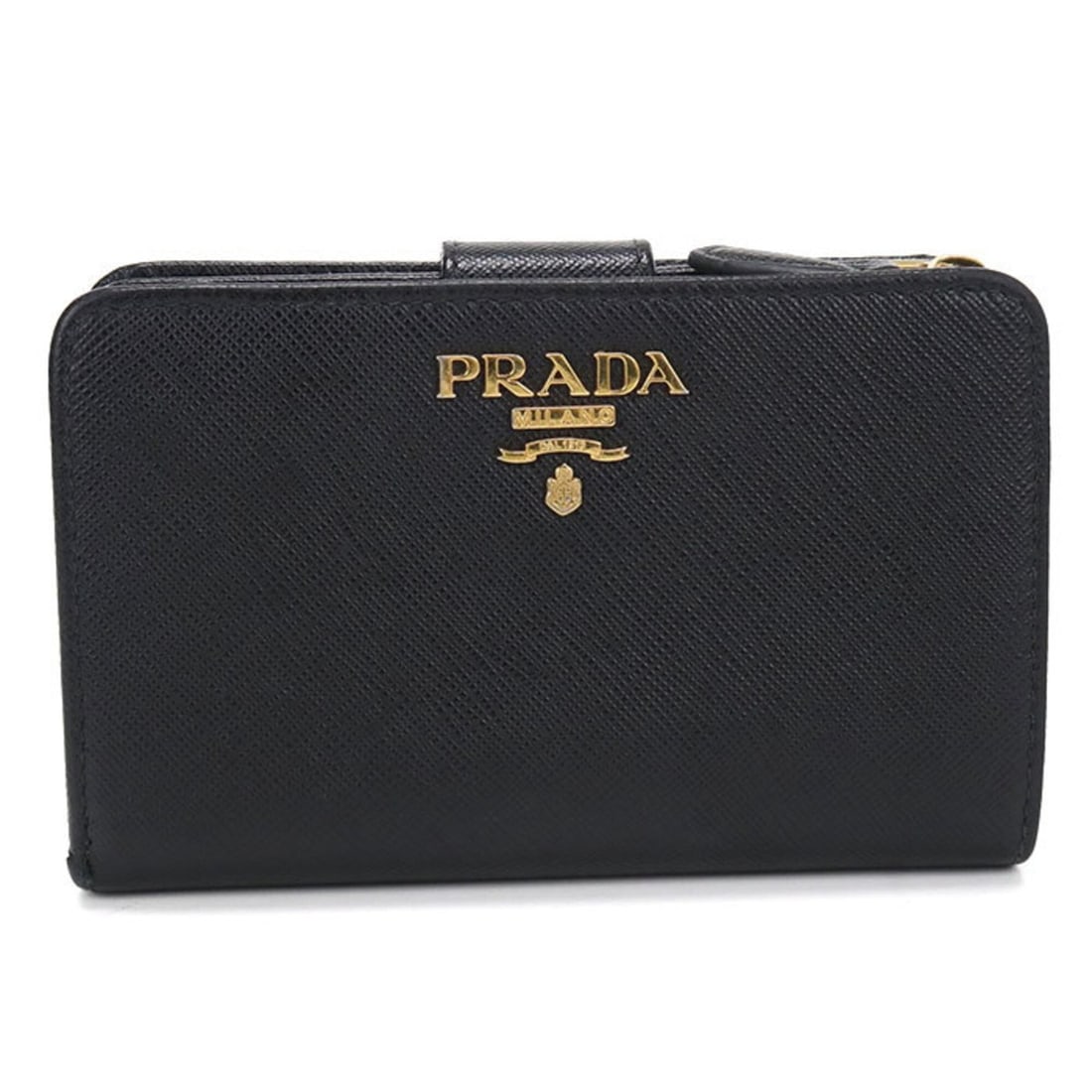 PRADA bi-fold wallet 1ML225 Saffiano leather for women, black: --- Catalog ---Category: SizeSize (HxWxD): 9cm x 14cm x 2.5cm / 3.54'' x 5.51'' x 0.98''Category: DesignType: Wallet (bi-fold)Color: BlackGender: WomenMaterial: Leather Leather/Fur Type: CalfskinCateg