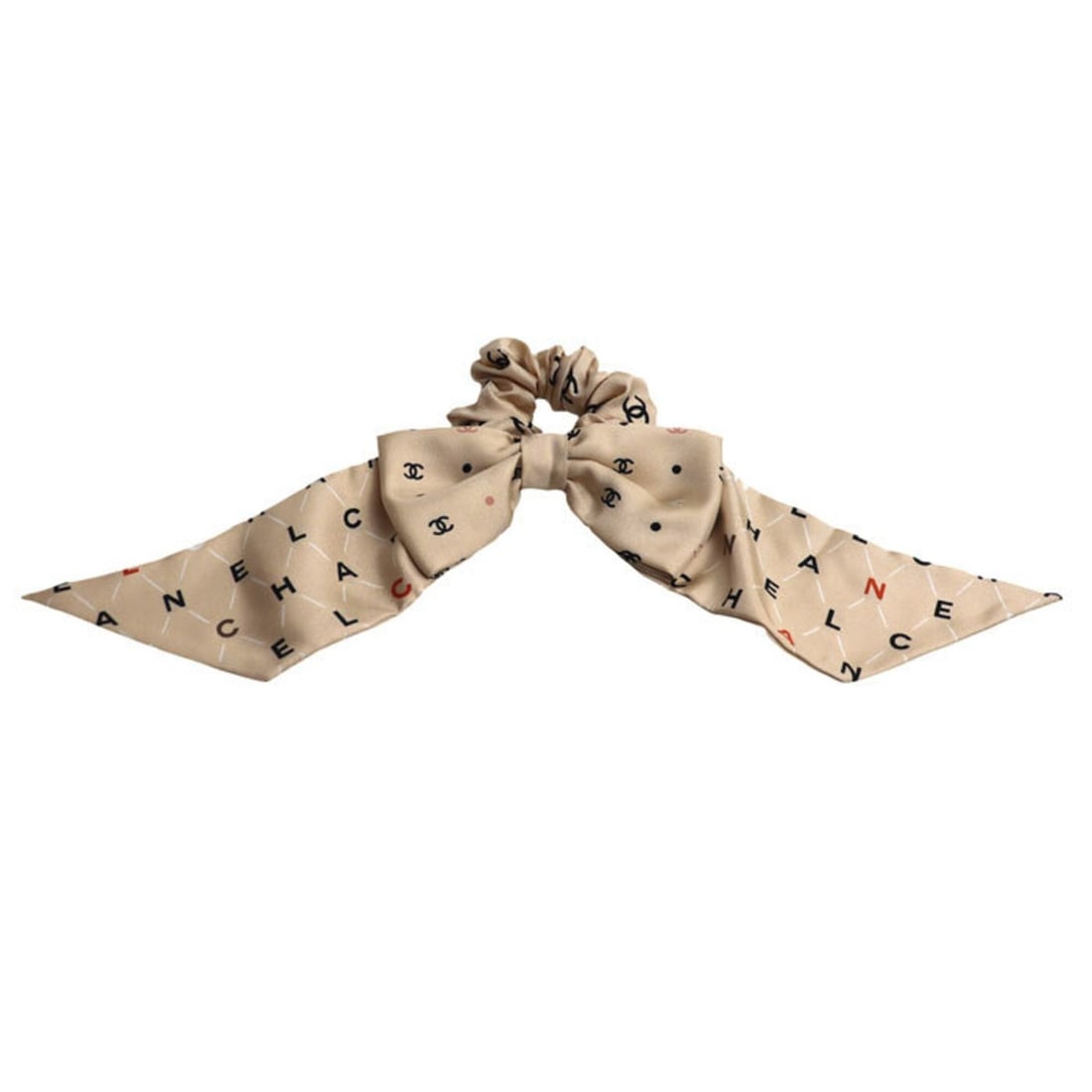 CHANEL Silk Logo Coco Mark Ribbon Hair Accessory Scrunchie for Women: --- Catalog ---Category: SizeSize (LxW): 8cm x 16cm / 3.14'' x 6.29''Category: DesignType: ScrunchieColor: BeigeGender: WomenMaterial: SilkCategory: GeneralBrand: ChanelCountry of Origin: France--- It