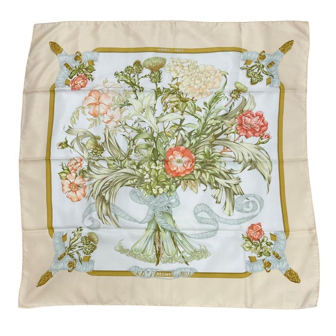 HERMES Hermes Carre 90 REGINA Queen's Scarf/Muffler Silk White Cream Orange Women's: --- Catalog ---Category: SizeSize (LxW): 88cm x 86cm / 34.64'' x 33.85''Category: DesignType: ScarfColor: Cream, Orange, WhiteGender: WomenMaterial: Silk Category: GeneralBrand: HermesCountry of Origi