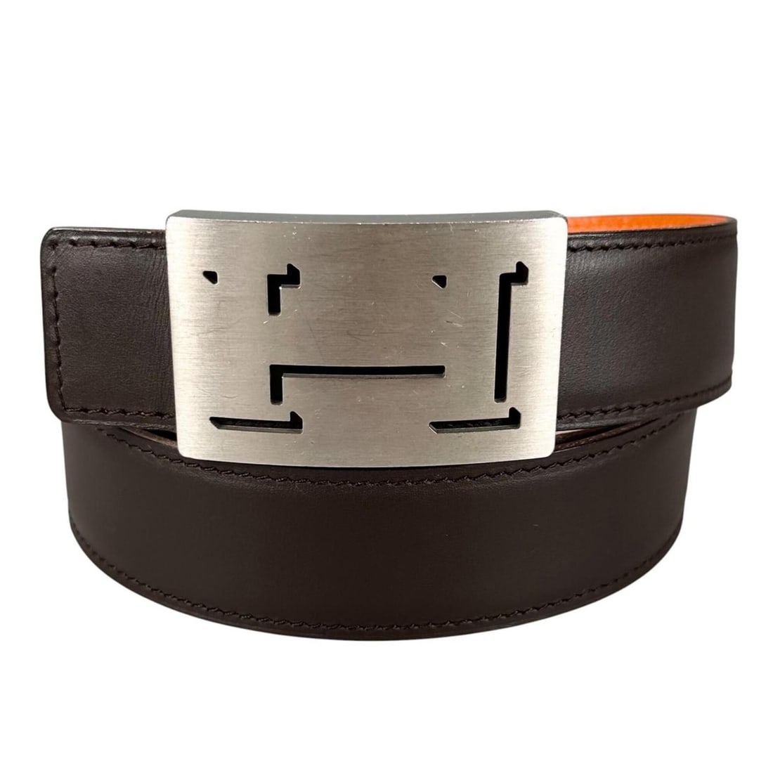 HERMES H-belt Lucky Metal Belt Leather Dark Brown Orange Women's: --- Catalog ---Category: SizeLength: 89cm / 35.03''Buckle Size: 4cm x 6cm / 1.57'' x 2.36''Category: DesignType: Standard beltColor: Dark brown, OrangeGender: WomenMaterial (Strap): Leather Category: 