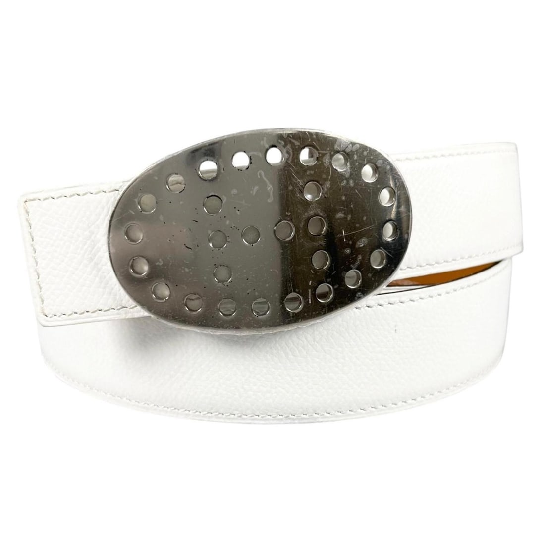 HERMES Evelyne Belt, Leather, White, Brown, Silver, Women's: --- Catalog ---Category: SizeLength: 99cm / 38.97''Buckle Size: 4.5cm x 7cm / 1.77'' x 2.75''Category: DesignType: Standard beltColor: Brown, Silver, WhiteGender: WomenMaterial (Strap): Leather Catego