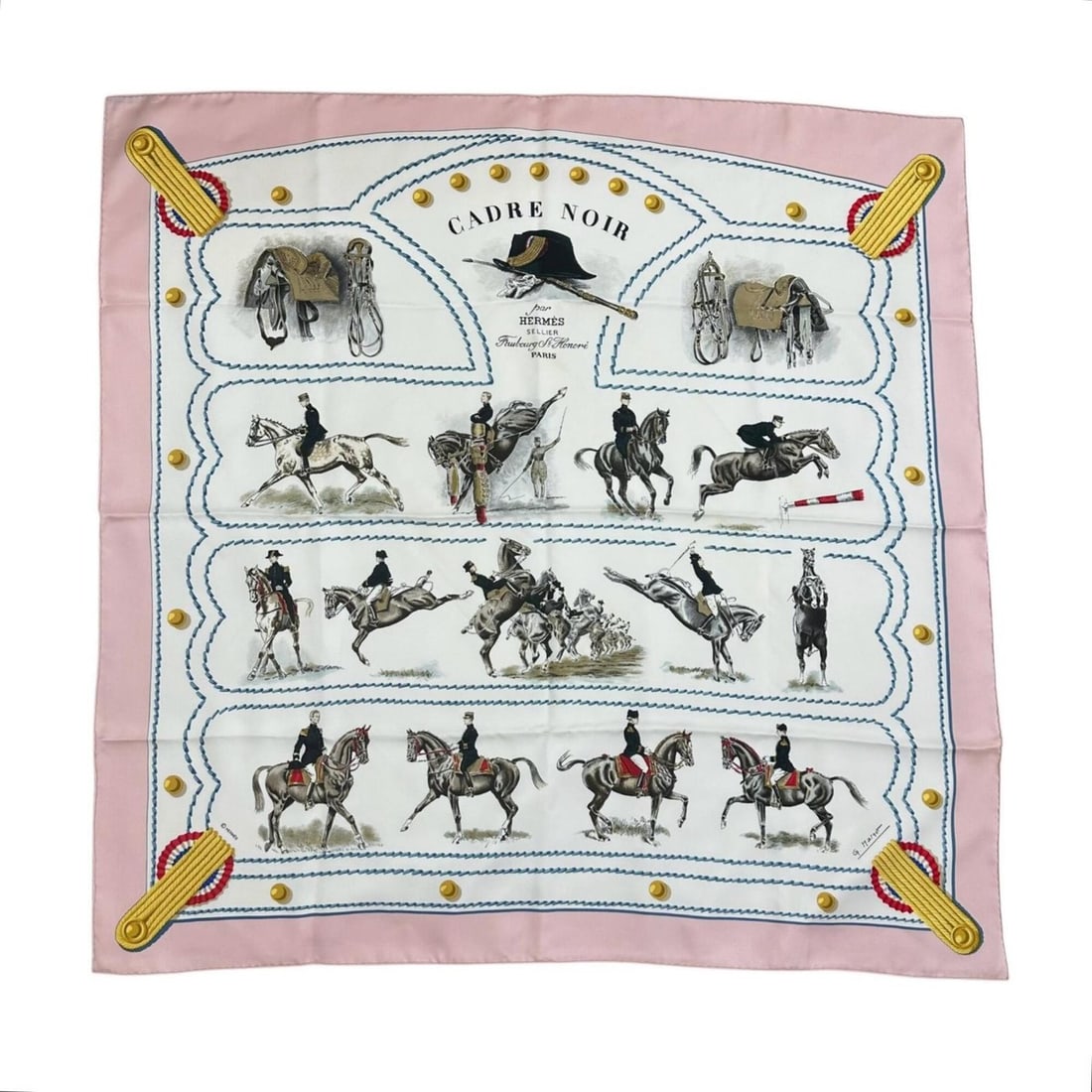 HERMES Carre de Noir 90 Scarf/Muffler, Silk, White/Pink, Women's (1 of 6)