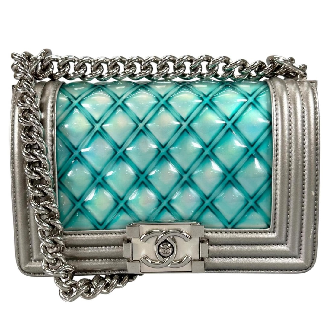 CHANEL Boy Chanel Shoulder Bag, Lambskin, Enamel, Silver, Blue Emerald, Women's: --- Catalog ---Category: SizeSize (HxWxD): 13cm x 20.5cm x 5.8cm / 5.11'' x 8.07'' x 2.28''Category: DesignType: Shoulder bagColor: Blue, Emerald, SilverGender: WomenMaterial: Leather Leather/Fur Type