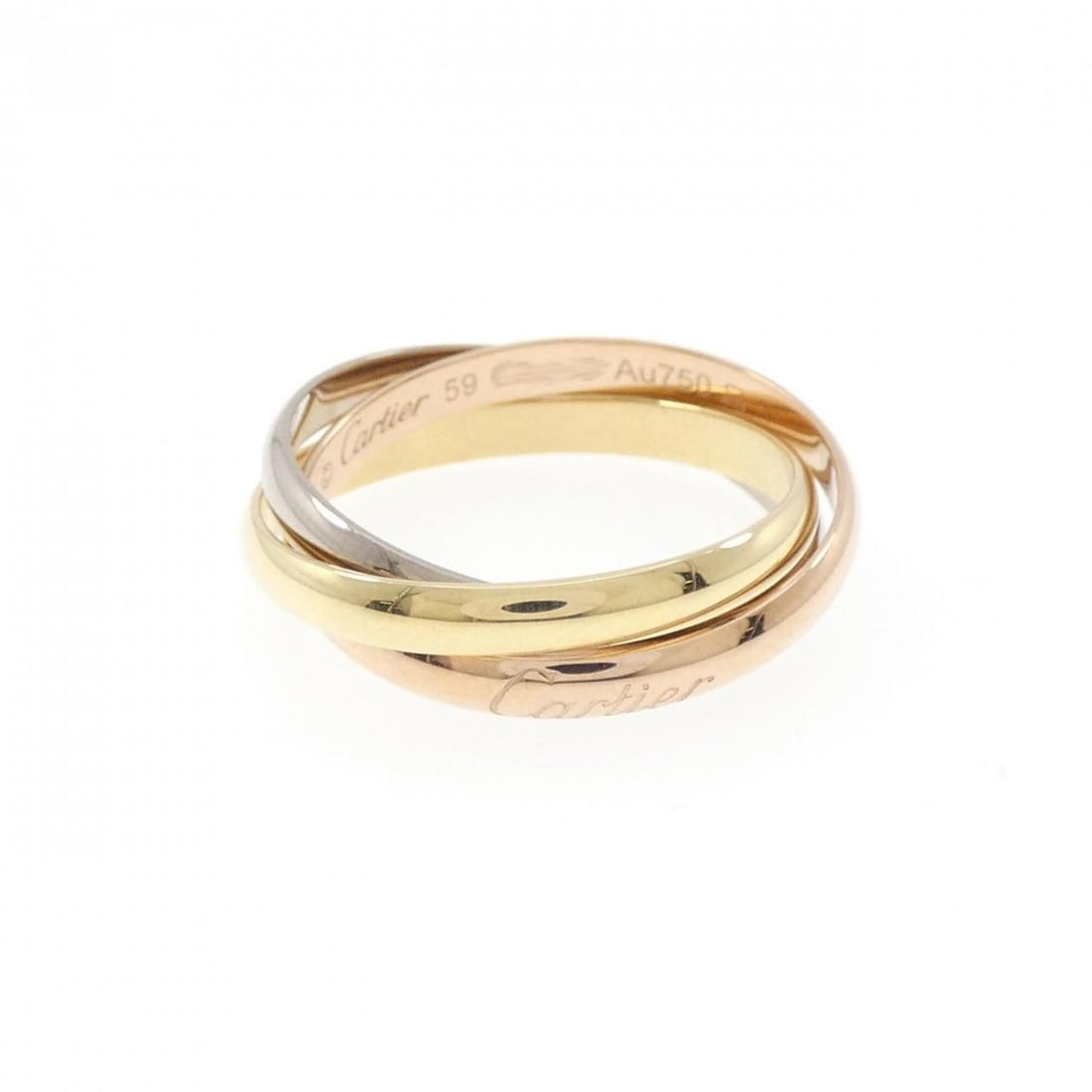 Cartier Trinity Ring: --- Catalog ---Category: SizeUS Size: 9.5Brand Size: 59Category: DesignType: Band ringGender: MenMaterial: Pink gold (18K), White gold (18K), Yellow gold (18K)Category: GeneralBrand: Cartier--- Item L