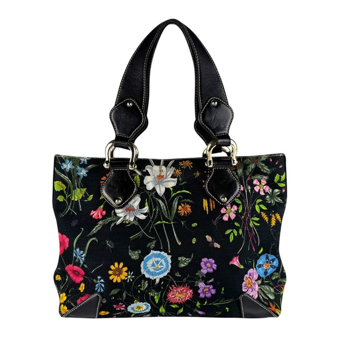 Gucci Flora handbag, canvas and leather, black multicolor, women's, 153024 z10245: --- Catalog ---Category: SizeSize (HxWxD): 25cm x 35cm x 7cm / 9.84'' x 13.77'' x 2.75''Category: DesignType: HandbagColor: Black, Multi-colorGender: WomenMaterial: Canvas , Leather Category: GeneralM