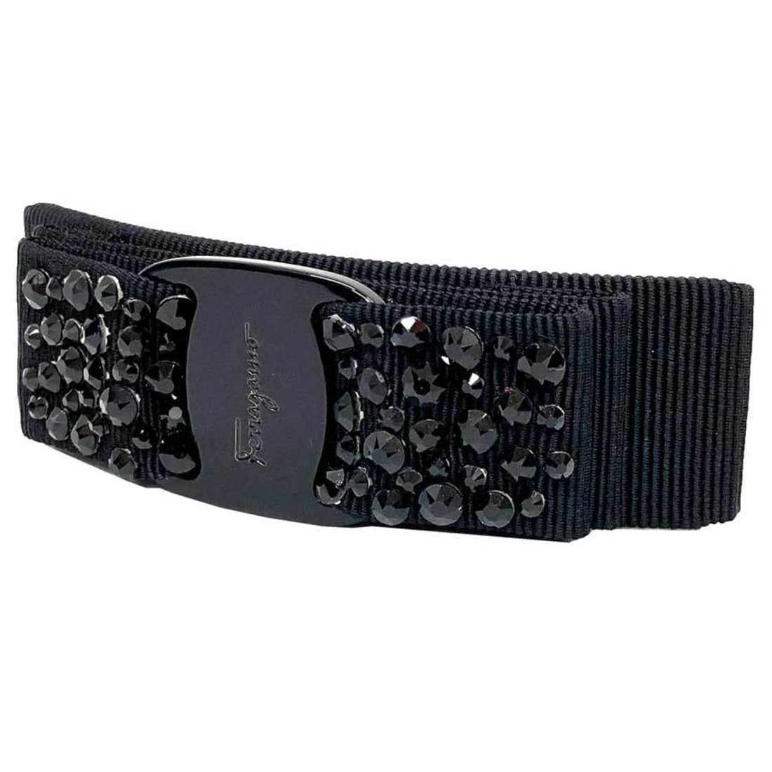 Salvatore Ferragamo Vara Ribbon Barrette with Jeweled Hair Clip, Black, for Women: --- Catalog ---Category: SizeSize (LxW): 10.5cm x 2.8cm / 4.13'' x 1.1''Category: DesignType: RibbonColor: BlackStone: CrystalGender: WomenMaterial: Brass, Cotton, PlasticCategory: GeneralBrand: Salva