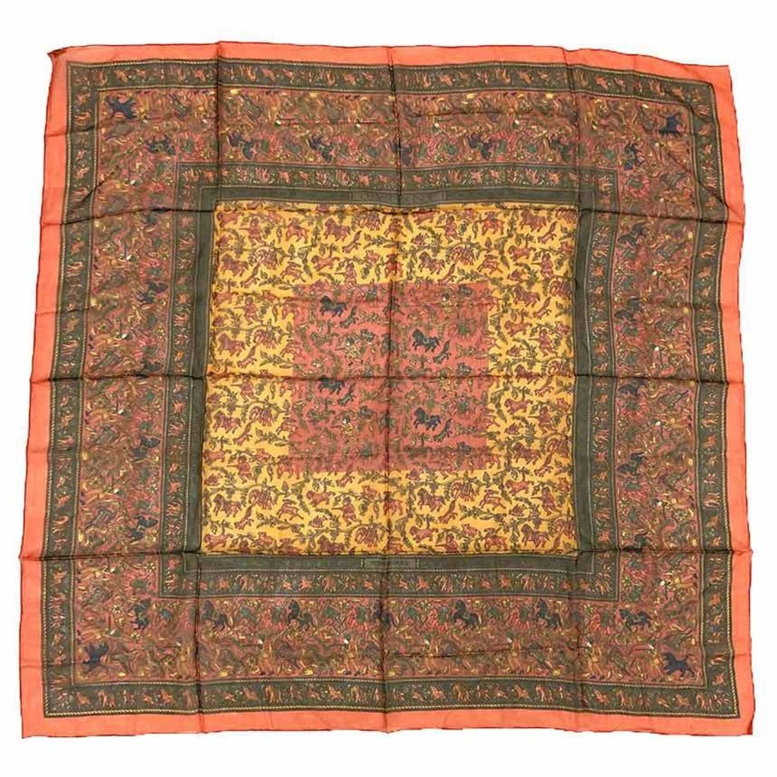 HERMES scarf/muffler, Carre 90, CHASSE EN INDE (Indian Hunt), orange, silk muslin, 100% silk.: --- Catalog ---Category: SizeSize (LxW): 90cm x 90cm / 35.43'' x 35.43''Category: DesignType: ScarfColor: OrangeMaterial: Silk Category: GeneralBrand: HermesCountry of Origin: France--- Item List ---S