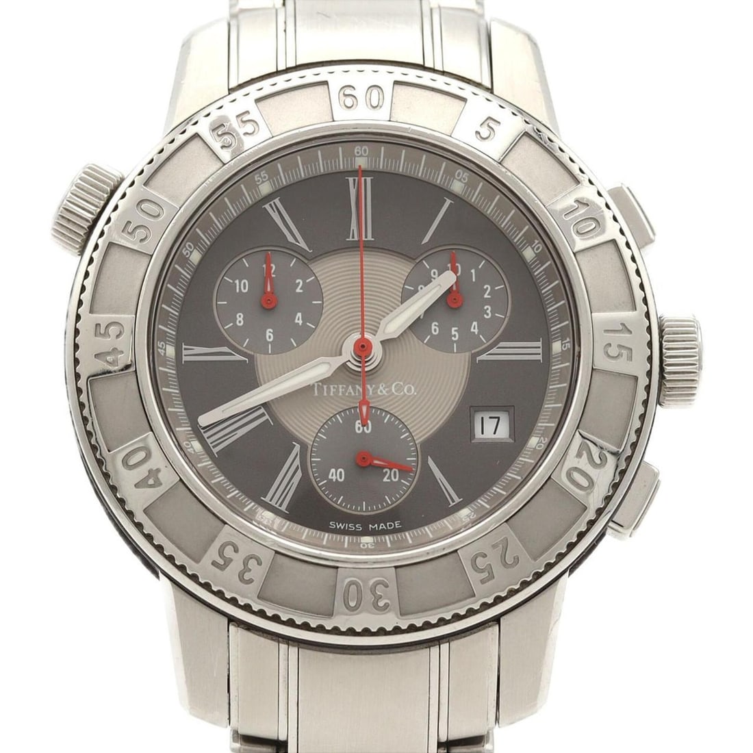 Tiffany T-57 SS Quartz Watch: --- Catalog ---Category: SizeWrist Size: 21cm / 8.26''Case Diameter: 42mm / 1.65''Category: DesignType: WristwatchGender: MenColor (Dial): GrayMaterial (Band): Stainless steelMaterial (Case): Stainles