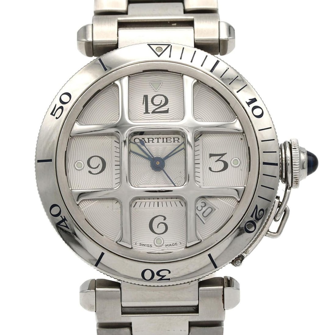 Cartier Pasha Grid Convex W31059H3 SS Automatic Watch: --- Catalog ---Category: SizeWrist Size: 17.5cm / 6.88''Case Diameter: 38mm / 1.5''Category: DesignType: WristwatchGender: MenColor (Dial): SilverMaterial (Band): Stainless steelMaterial (Case): Stain