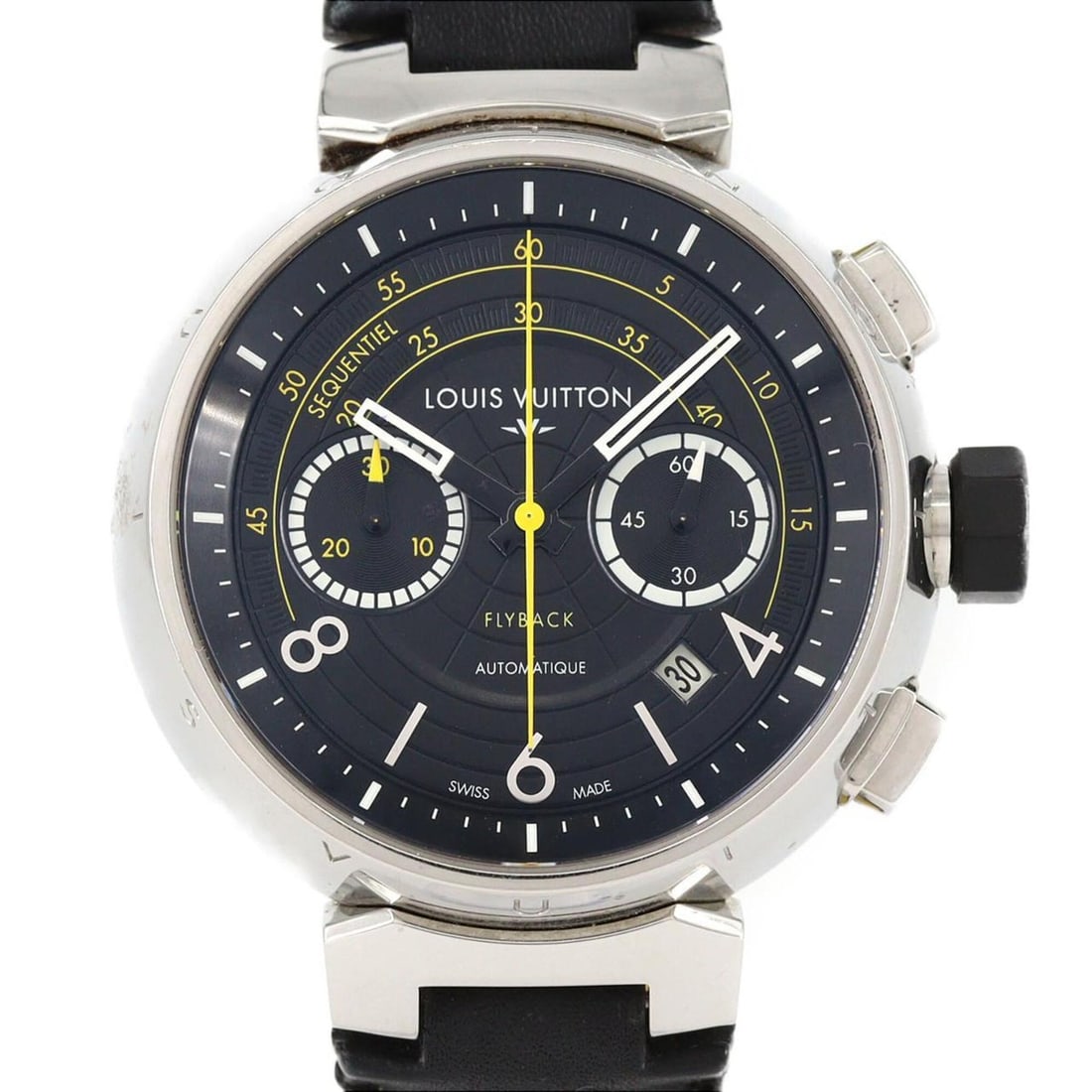 Louis Vuitton Tambour Flyback Chrono Volé II LIMITED Q102B SS Automatic Watch: --- Catalog ---Category: SizeCase Diameter: 44mm / 1.73''Category: DesignType: WristwatchGender: MenColor (Dial): BlackMaterial (Band): LeatherMaterial (Case): Stainless steelCategory: GeneralMPN: Q10