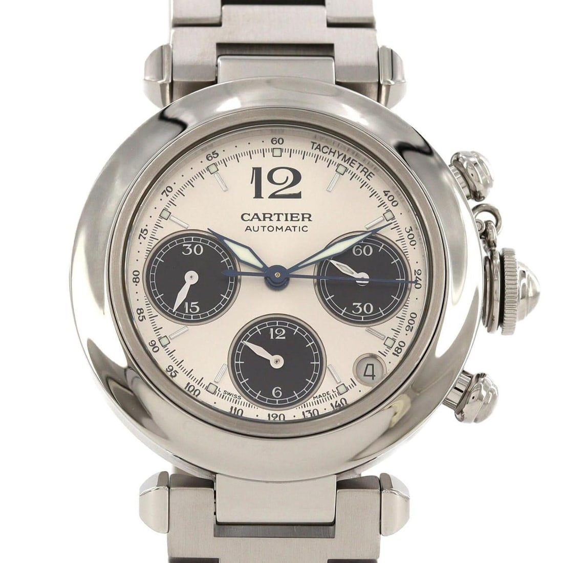 Cartier Pasha C Chronograph W31048M7 Stainless Steel Automatic Watch: --- Catalog ---Category: SizeWrist Size: 18.5cm / 7.28''Case Diameter: 36mm / 1.42''Category: DesignType: WristwatchGender: Men,WomenColor (Dial): Black, SilverMaterial (Band): Stainless steelMaterial