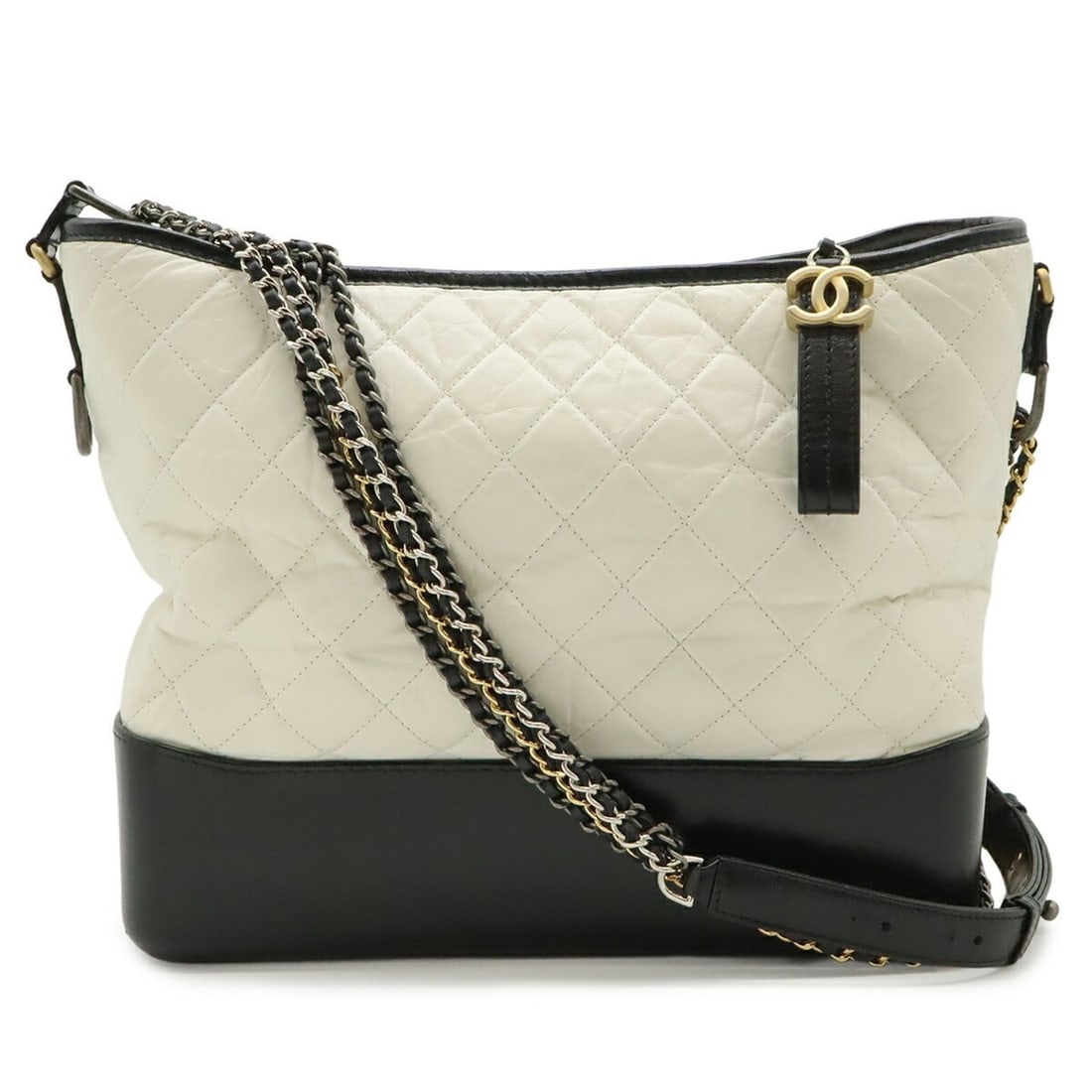 CHANEL Gabrielle de Chanel Large Hobo Chain Shoulder Bag, Calfskin, Bicolor White & Black, A93824: --- Catalog ---Category: SizeSize (HxWxD): 26.5cm x 31cm x 9.5cm / 10.43'' x 12.2'' x 3.74''Category: DesignType: Shoulder bagColor: Black, WhiteGender: WomenMaterial: Leather Leather/Fur Type: Calfsk